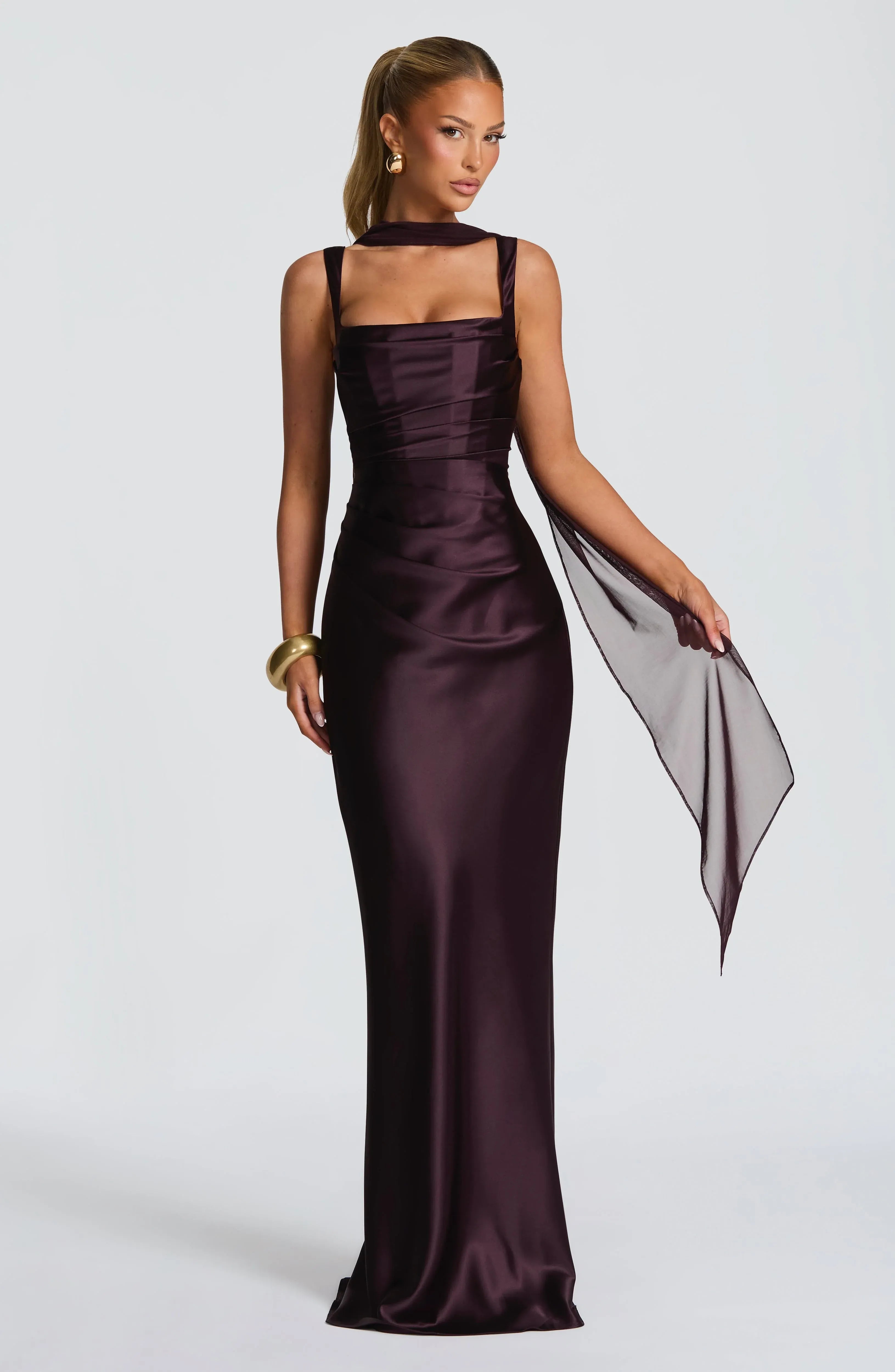 Wide Spaghetti Square Neck Choker Sash Detachable Scarf Plain Slit Dark Plum Satin Mermaid Maxi Wedding Guest Dresses