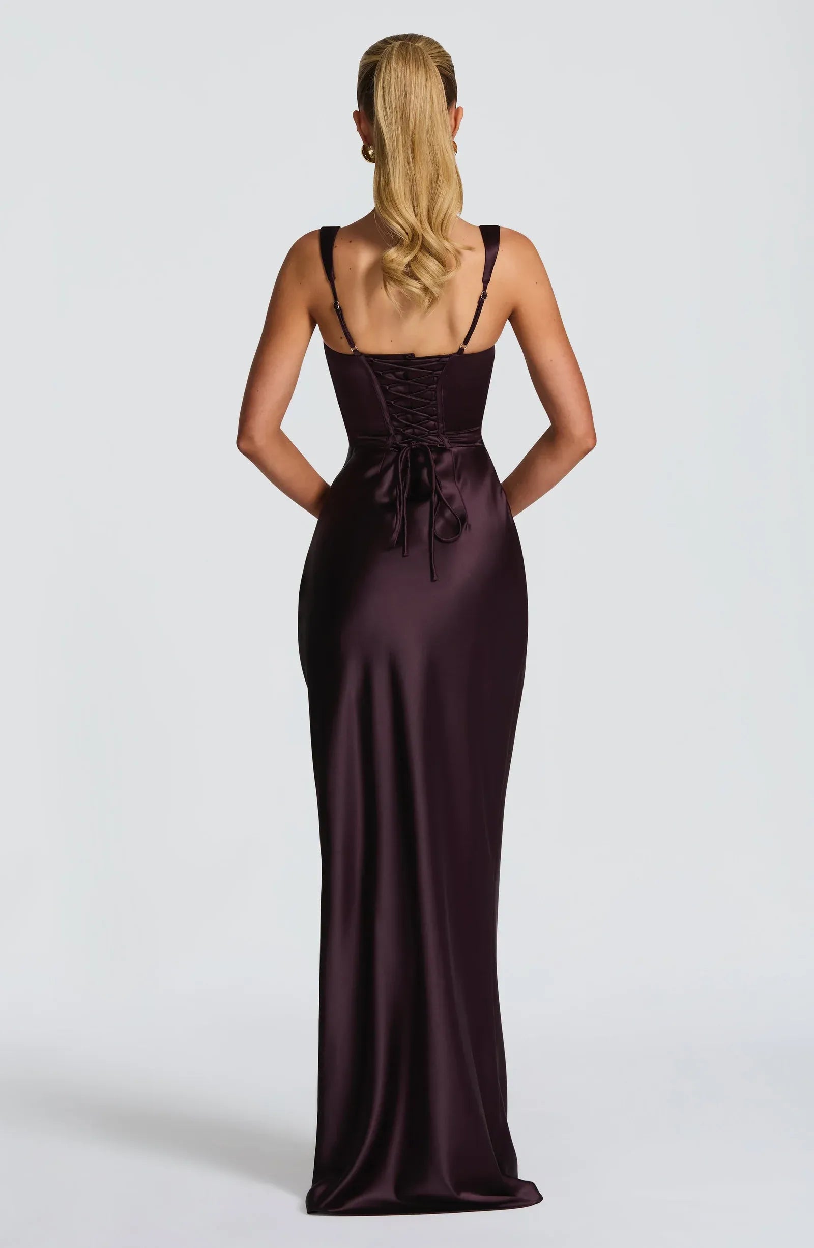 Wide Spaghetti Square Neck Choker Sash Detachable Scarf Plain Slit Dark Plum Satin Mermaid Maxi Wedding Guest Dresses