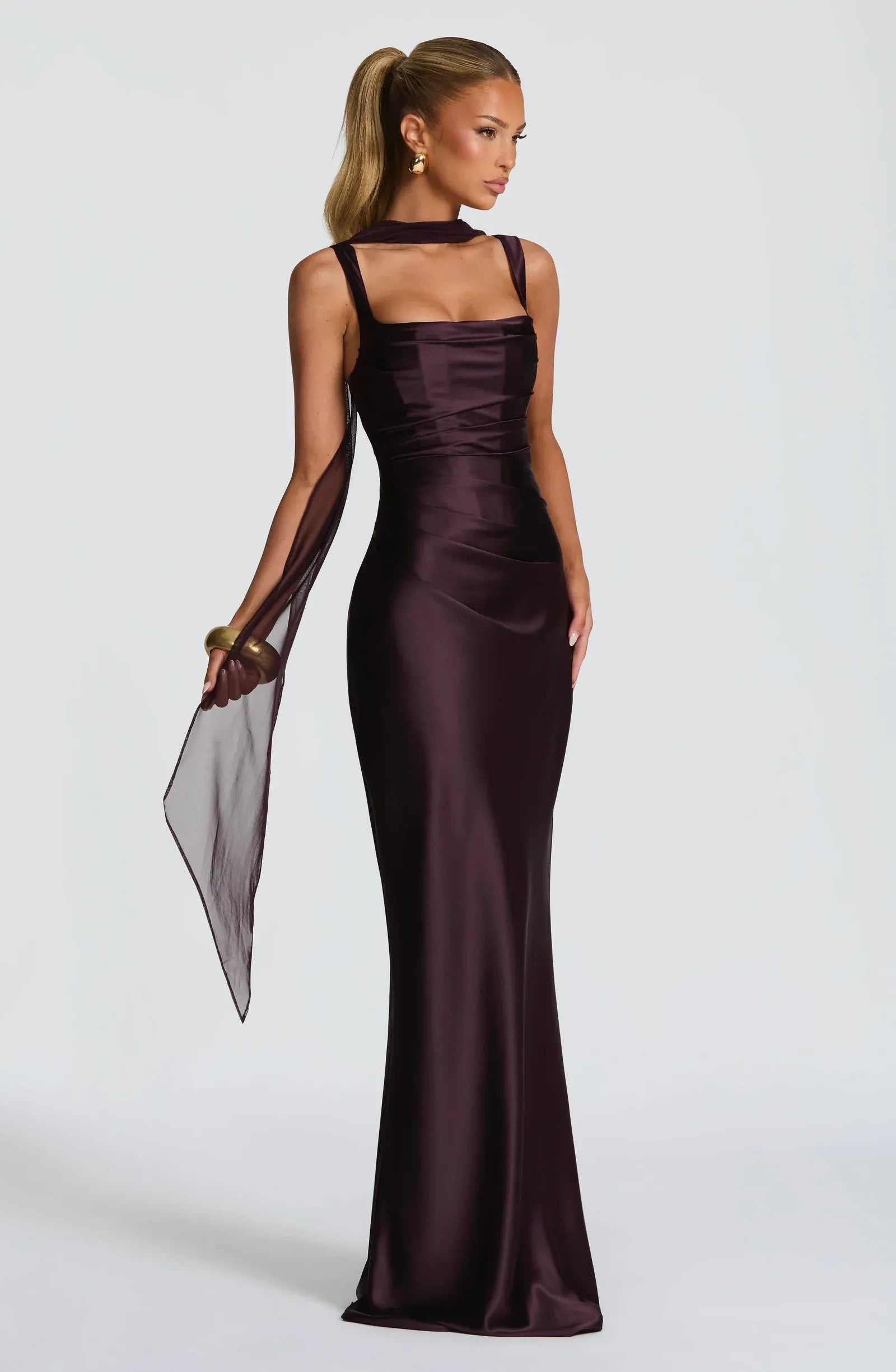 Wide Spaghetti Square Neck Choker Sash Detachable Scarf Plain Slit Dark Plum Satin Mermaid Maxi Wedding Guest Dresses
