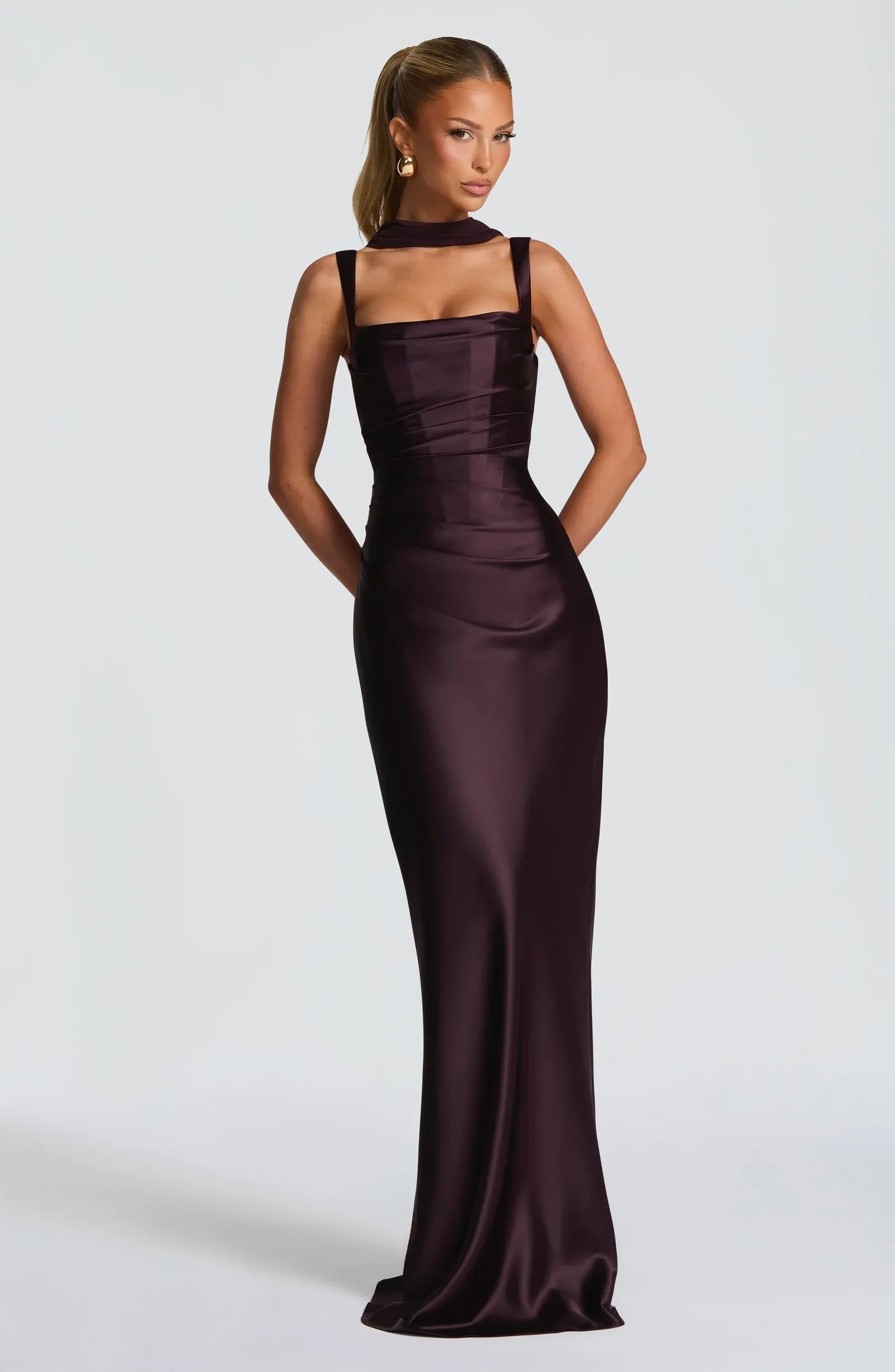 Wide Spaghetti Square Neck Choker Sash Detachable Scarf Plain Slit Dark Plum Satin Mermaid Maxi Wedding Guest Dresses