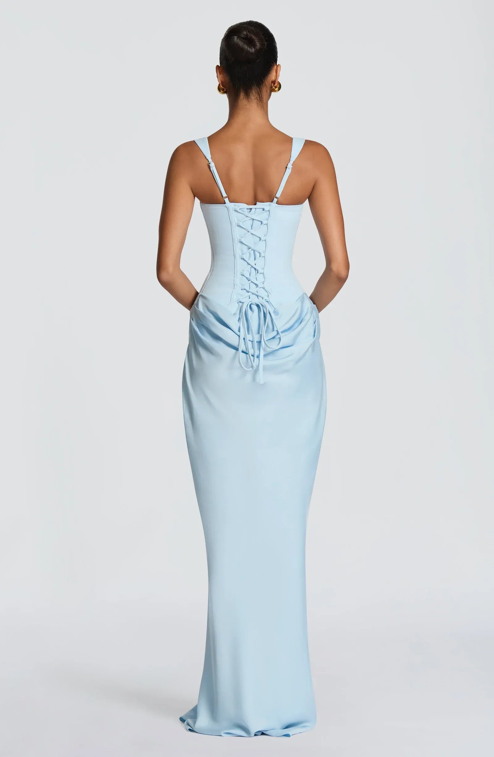 Wide Spaghetti Square Neck Corset Bodice Draped Waist Plain Slit Sky Blue Mixed Fabric Mermaid Maxi Wedding Guest Dresses