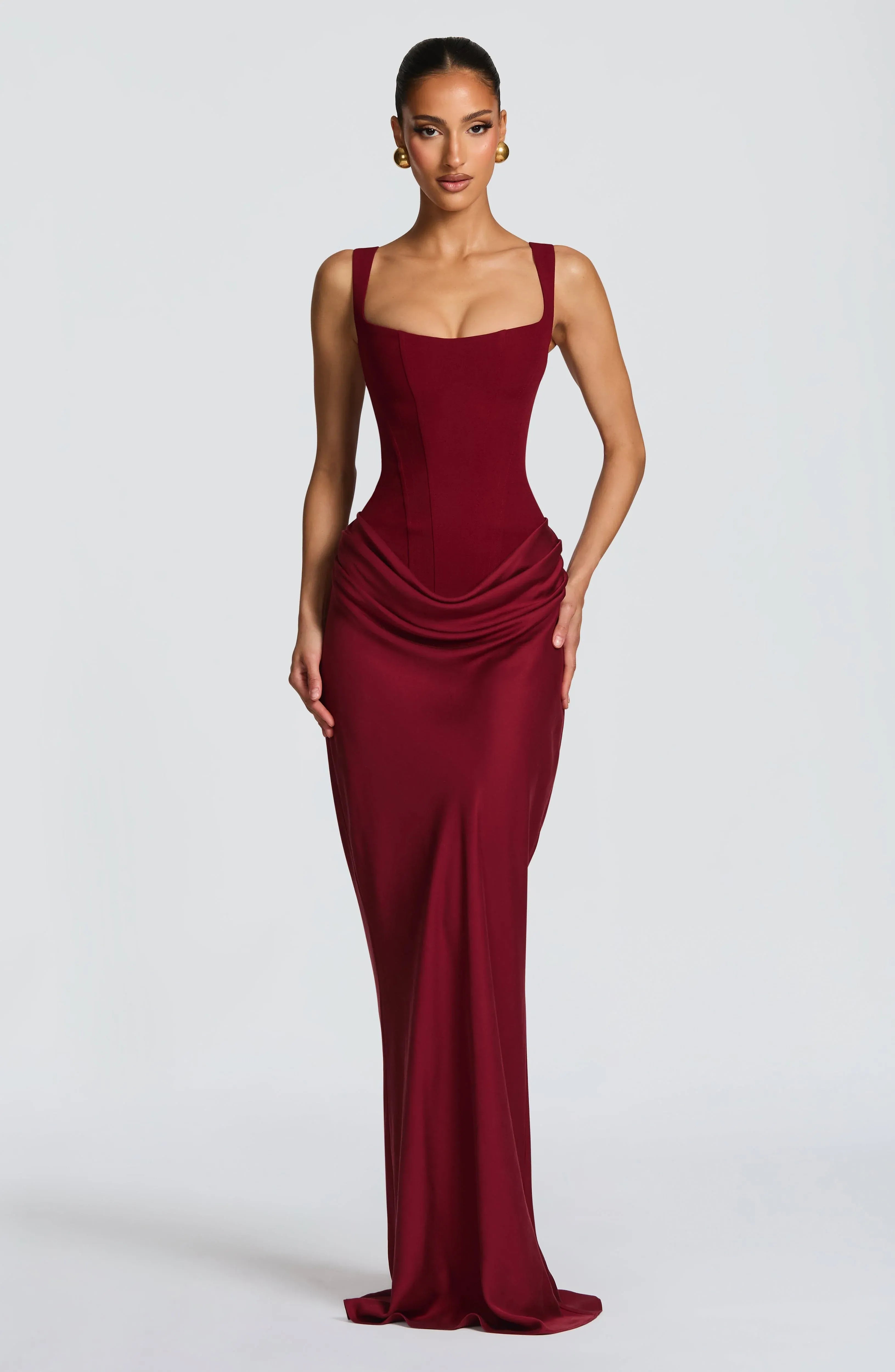 Wide Spaghetti Square Neck Draped Waist Criss Cross Back Lace Up Plain Slit Burgundy Mixed Fabric Mermaid Maxi Wedding Guest Dresses