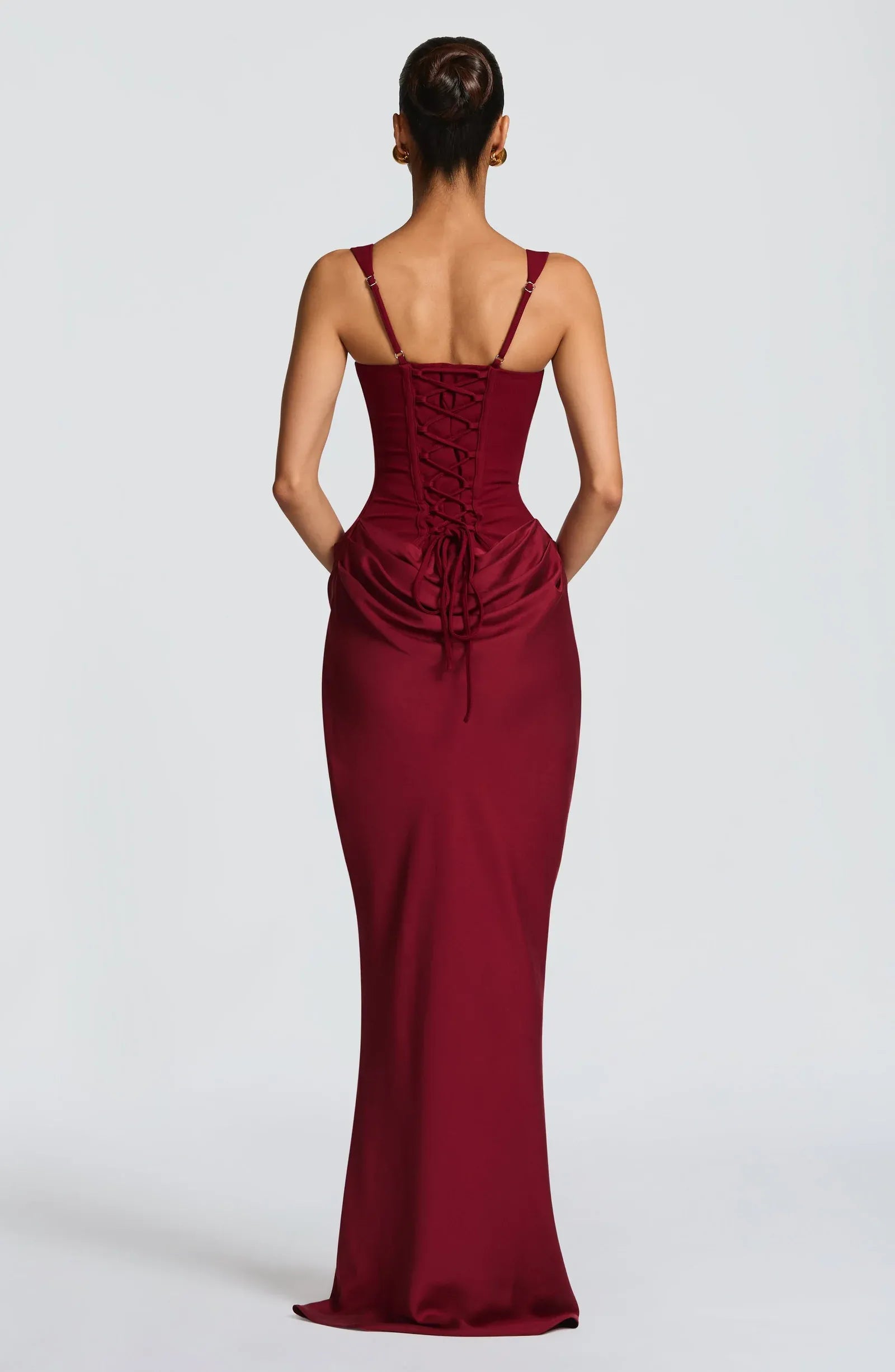 Wide Spaghetti Square Neck Draped Waist Criss Cross Back Lace Up Plain Slit Burgundy Mixed Fabric Mermaid Maxi Wedding Guest Dresses
