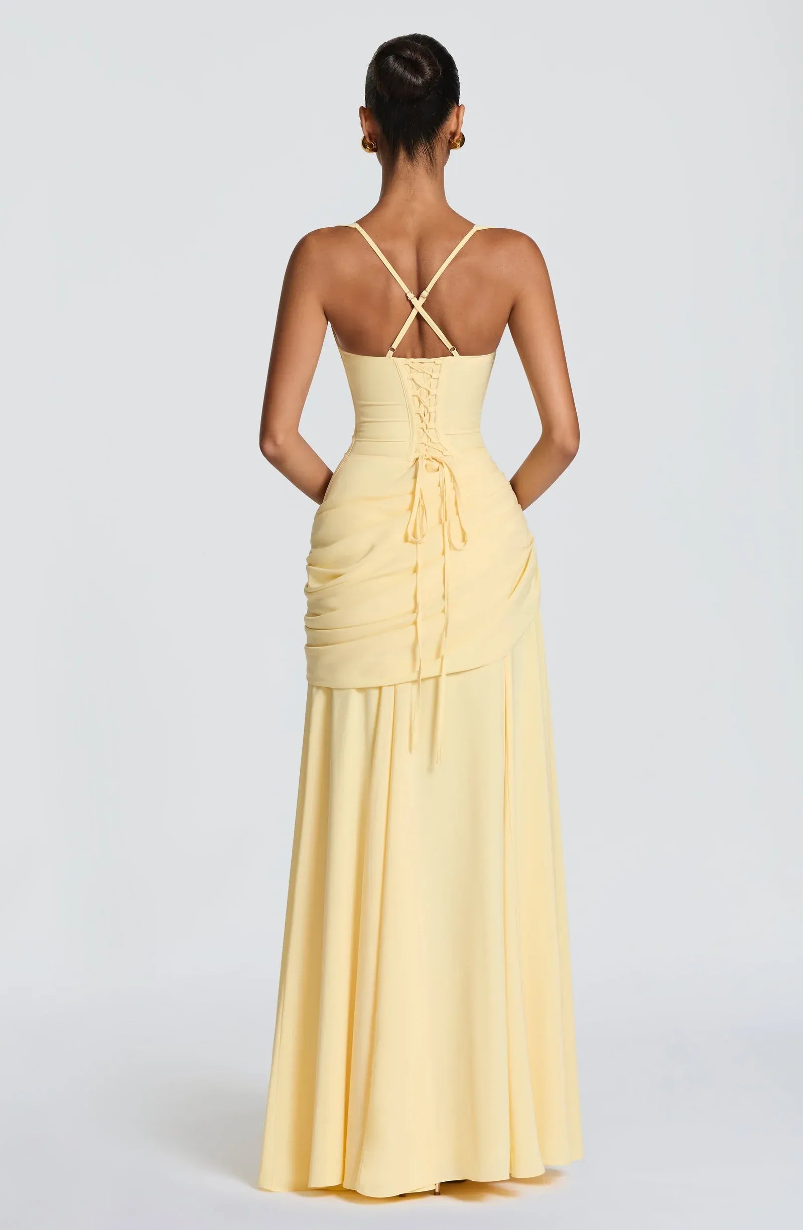 Wide Spaghetti Straight Neck Side Wrap Draped Criss Cross Back Lace Up Plain Slit Pale Yellow Crepe A Line Maxi Wedding Guest Dresses