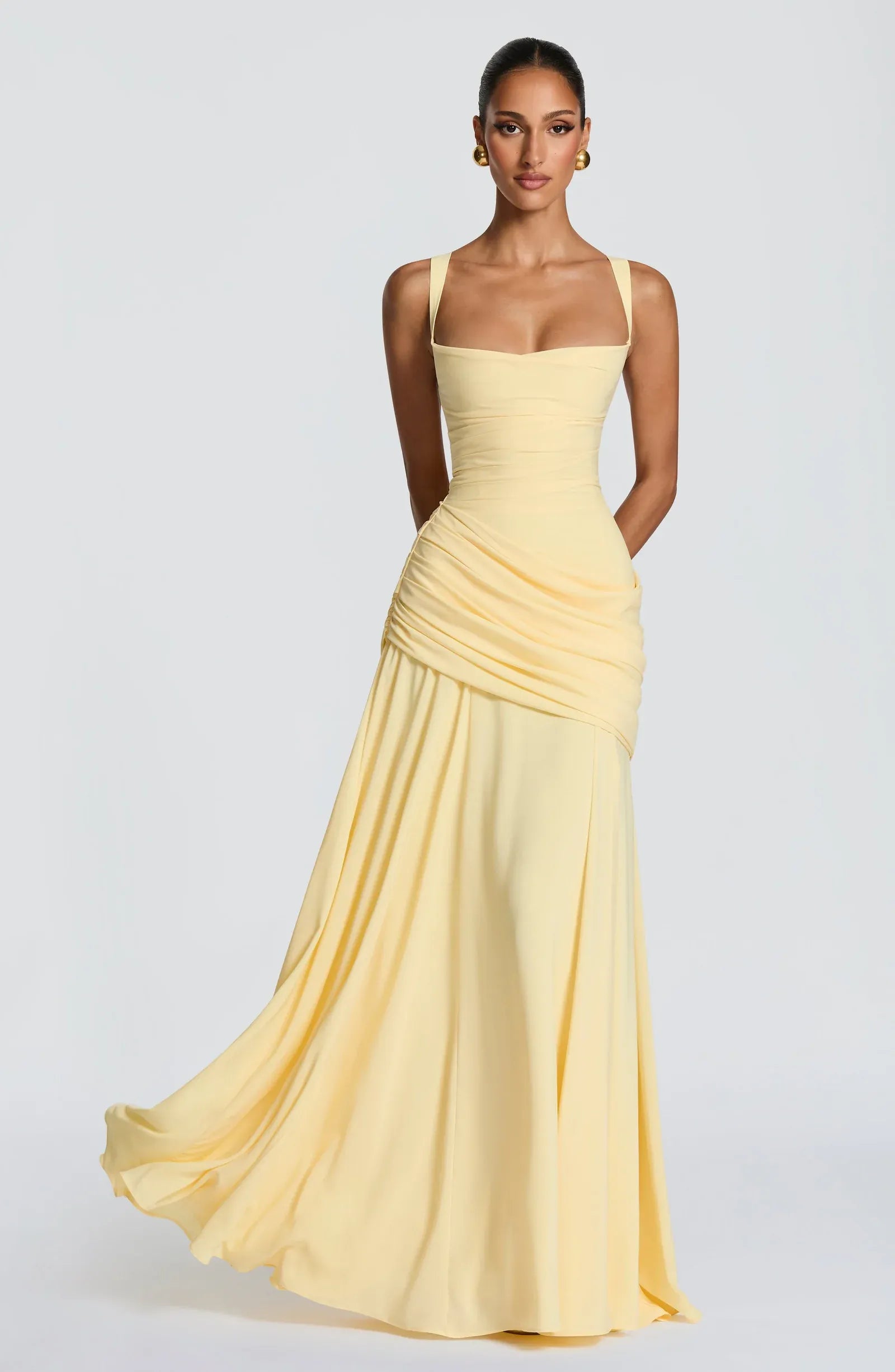 Wide Spaghetti Straight Neck Side Wrap Draped Criss Cross Back Lace Up Plain Slit Pale Yellow Crepe A Line Maxi Wedding Guest Dresses