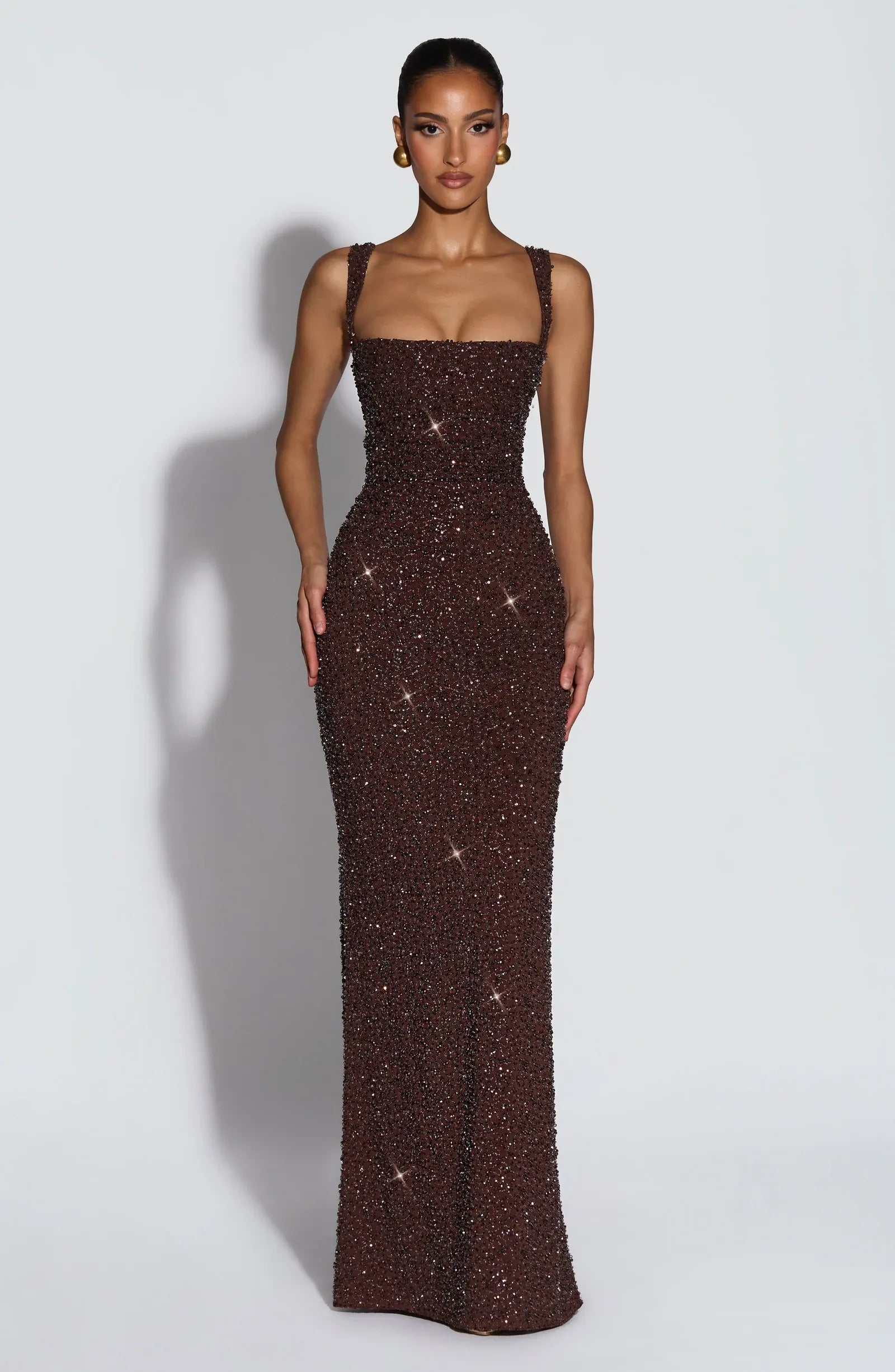 Wide Spaghetti Strap Straight Tube Neck Glitter Beaded Mermaid Chocolate Brown Maxi Wedding Guest Dresses