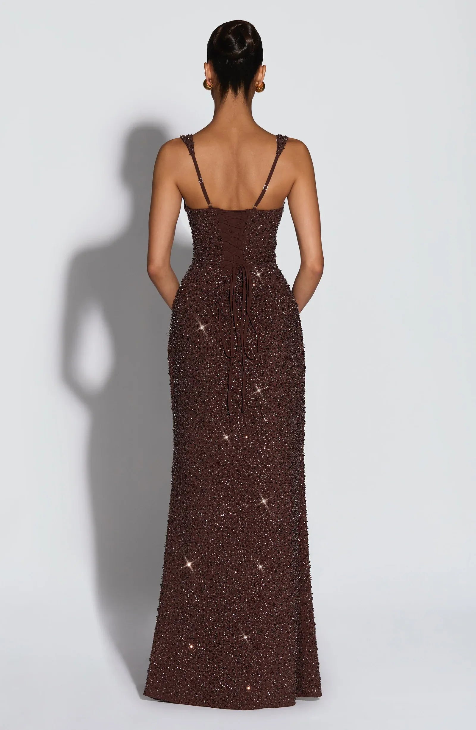Wide Spaghetti Strap Straight Tube Neck Glitter Beaded Mermaid Chocolate Brown Maxi Wedding Guest Dresses