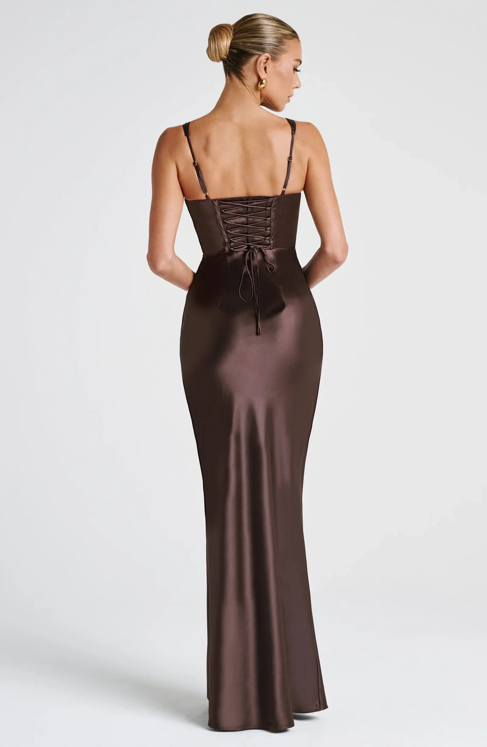 Wide Spaghetti Strap Deep V Pleated Bust Corset Mermaid Dark Brown Satin Maxi Wedding Guest Dresses