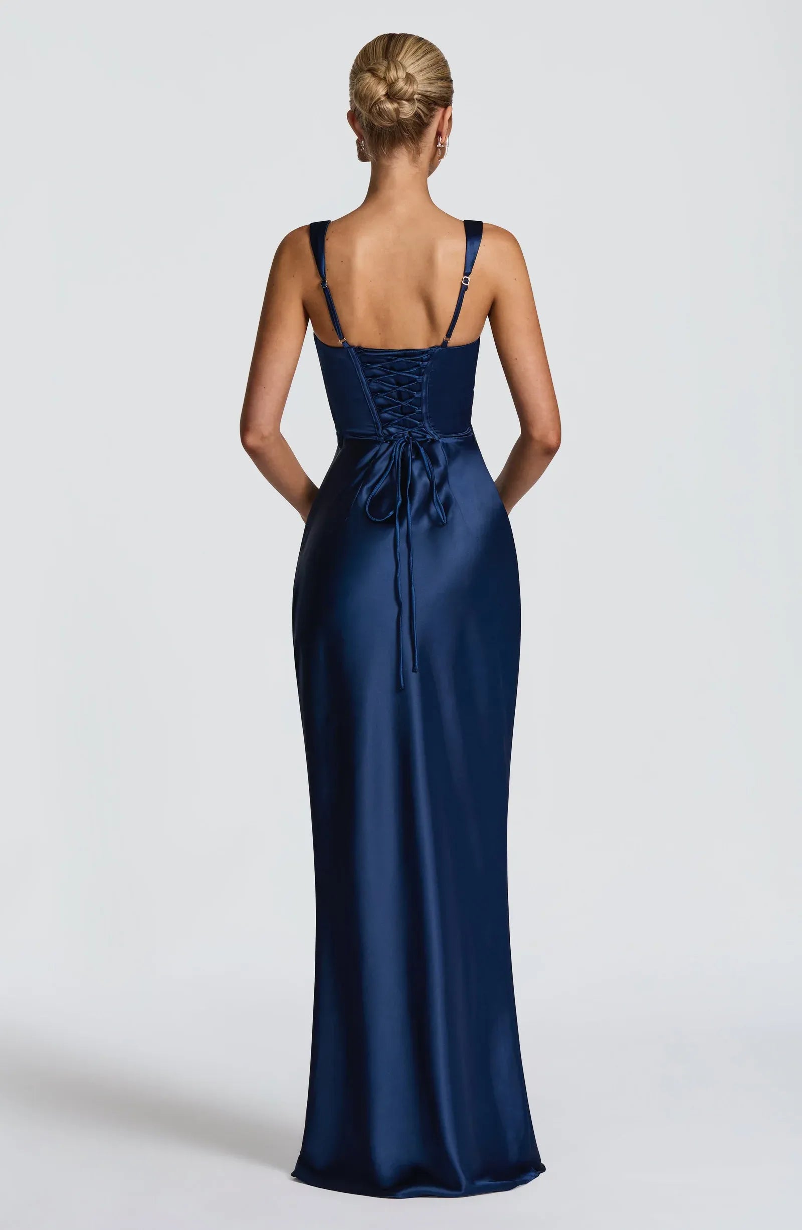 Wide Spaghetti Strap Square Neck Cross Lace Up Back Matching Mesh Gloves Navy Satin Mermaid Maxi Wedding Guest Dresses