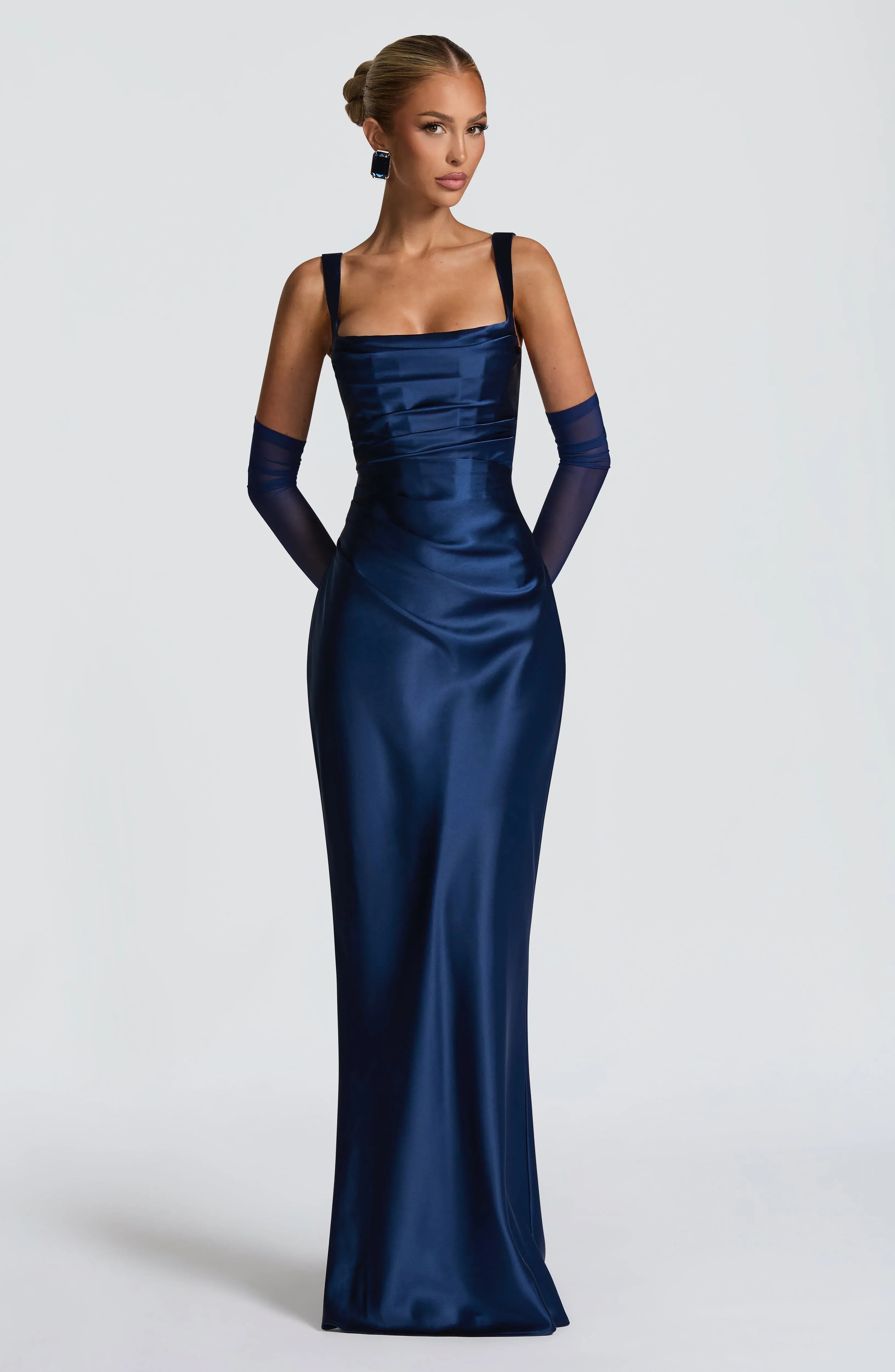 Wide Spaghetti Strap Square Neck Cross Lace Up Back Matching Mesh Gloves Navy Satin Mermaid Maxi Wedding Guest Dresses