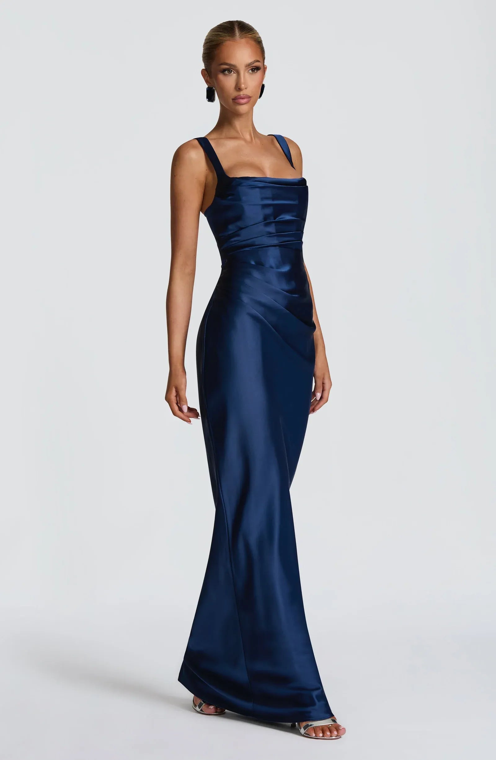 Wide Spaghetti Strap Square Neck Cross Lace Up Back Matching Mesh Gloves Navy Satin Mermaid Maxi Wedding Guest Dresses
