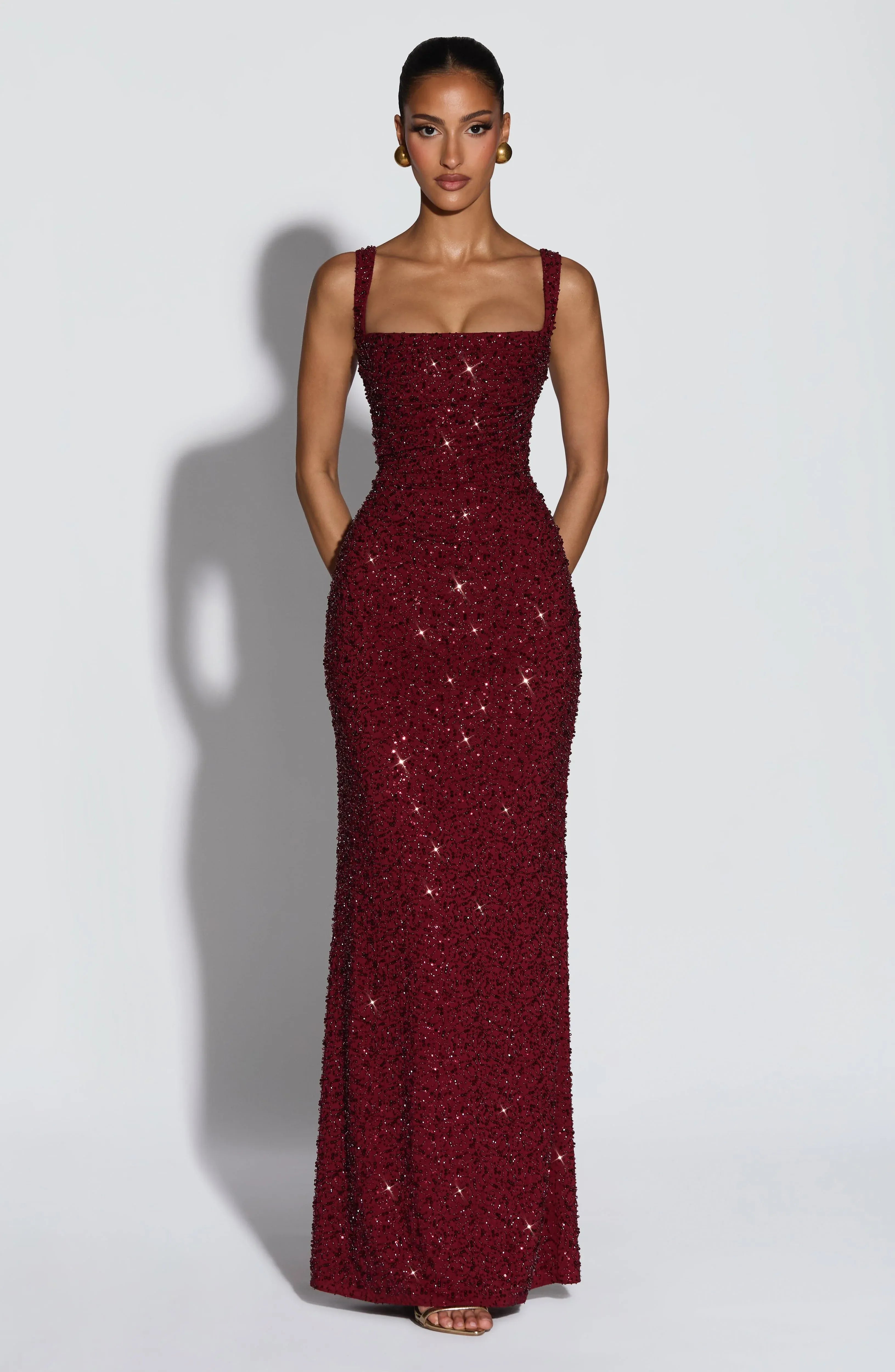 Wide Spaghetti Strap Square Neck Full Glitter Beaded Mermaid Burgundy Maxi Wedding Guest Dresses