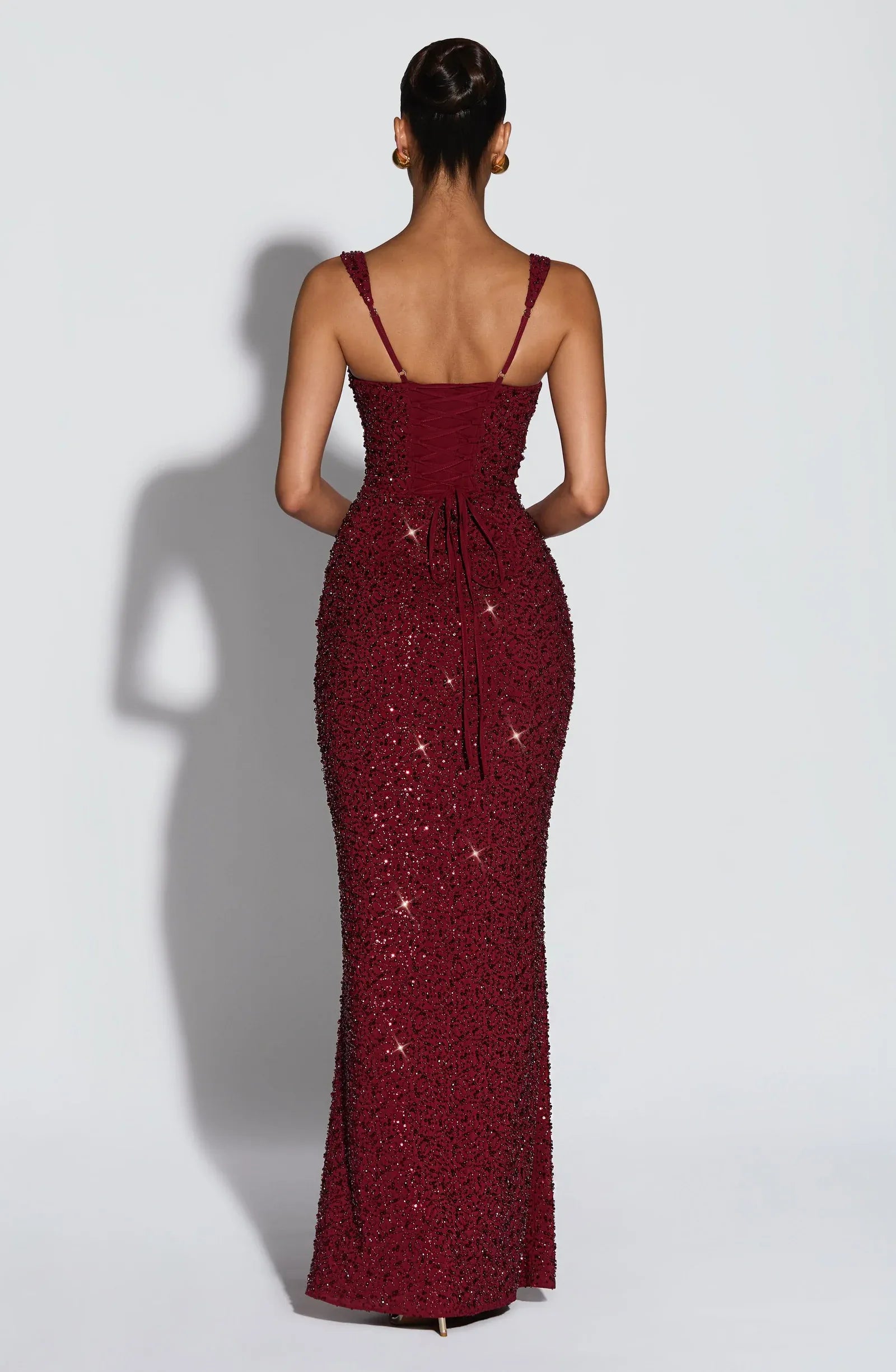 Wide Spaghetti Strap Square Neck Full Glitter Beaded Mermaid Burgundy Maxi Wedding Guest Dresses