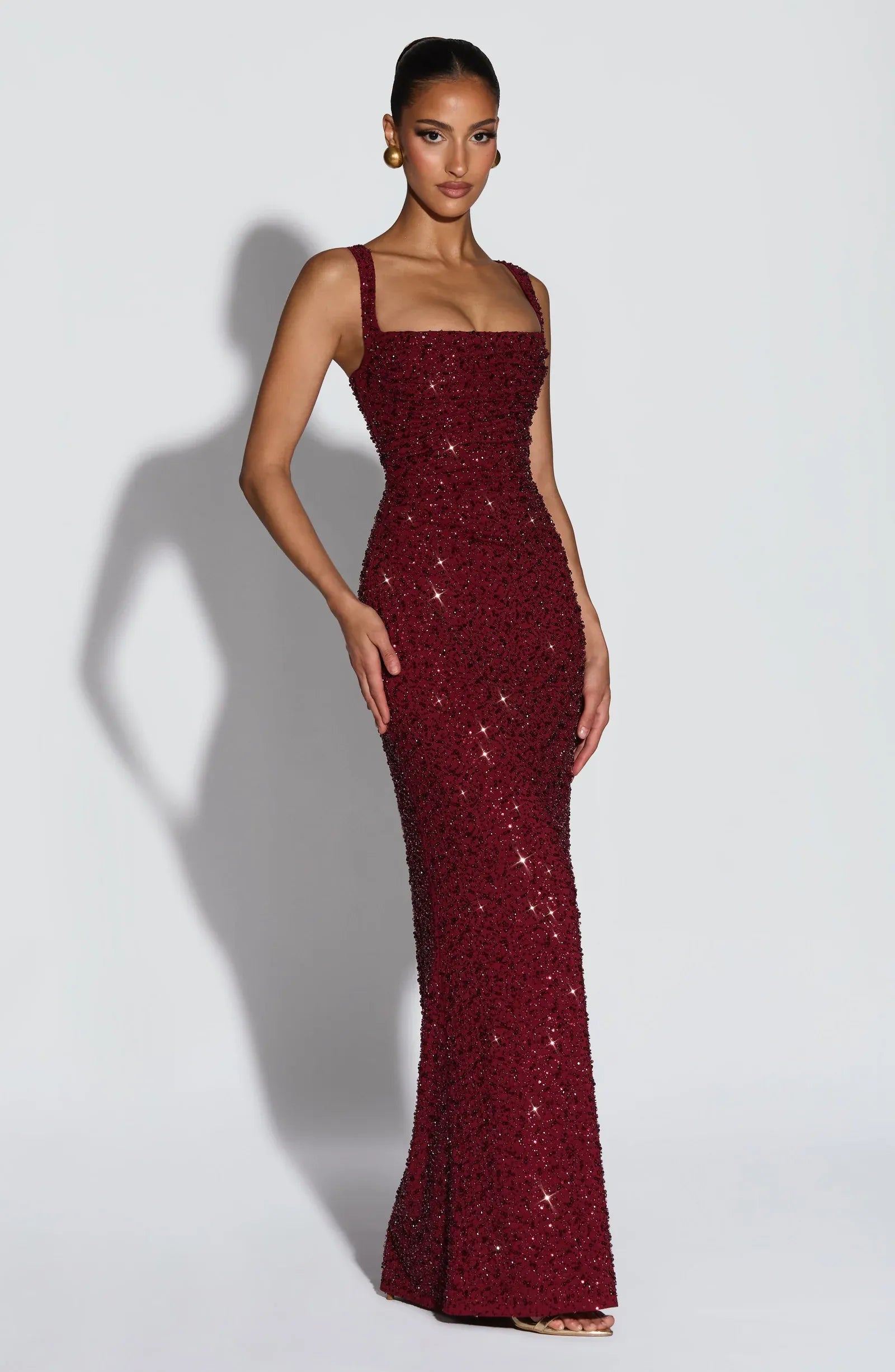 Wide Spaghetti Strap Square Neck Full Glitter Beaded Mermaid Burgundy Maxi Wedding Guest Dresses