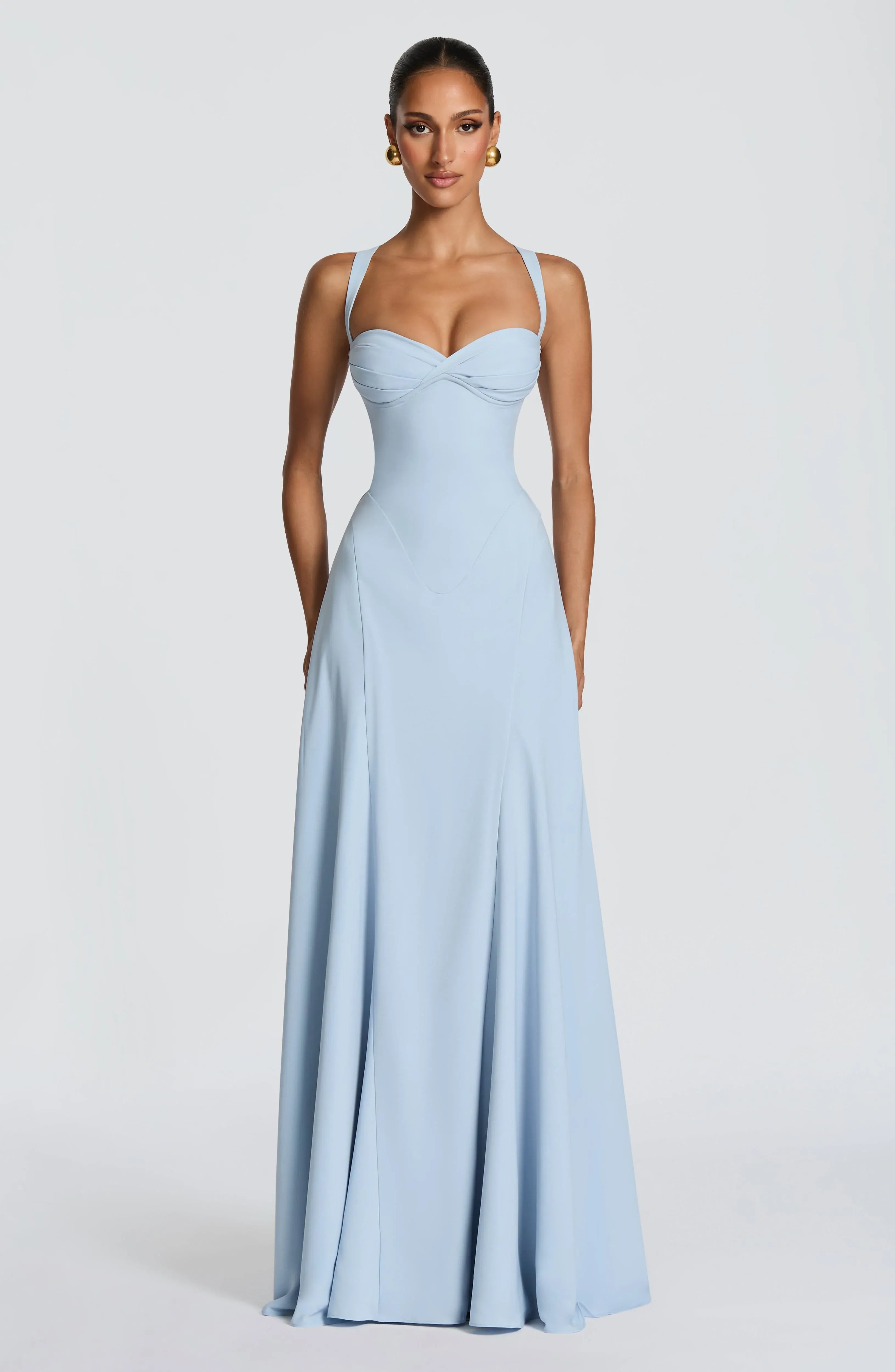 Wide Spaghetti Strap Twist Sweetheart A Line Sky Blue Maxi Wedding Guest Dresses