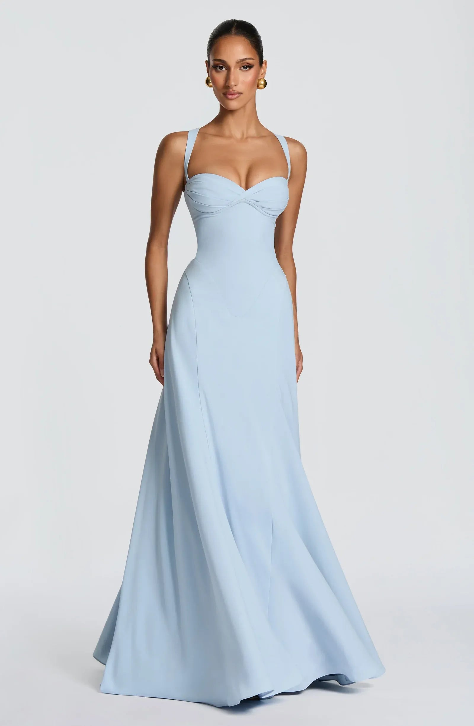 Wide Spaghetti Strap Twist Sweetheart A Line Sky Blue Maxi Wedding Guest Dresses