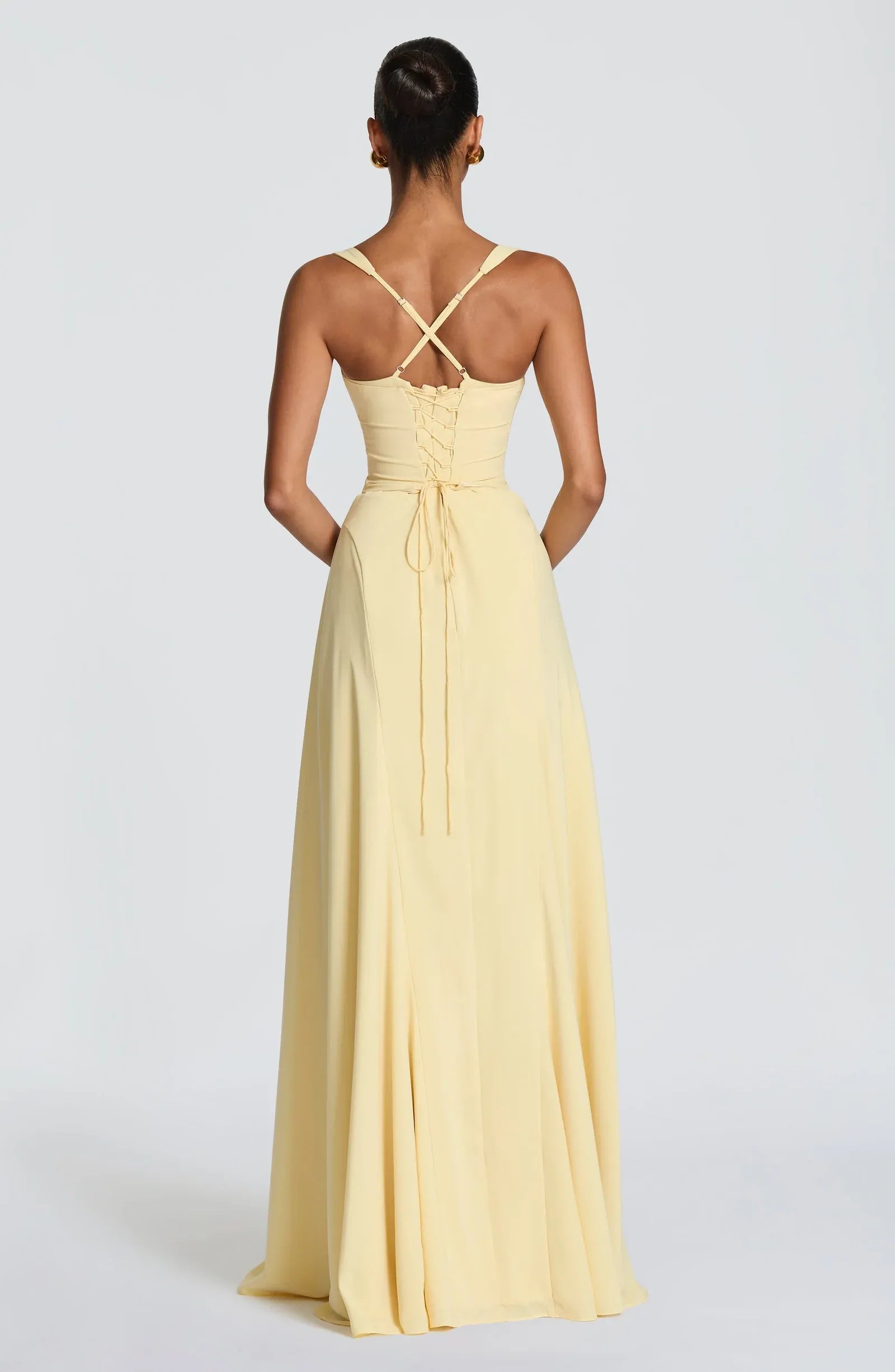 Wide Spaghetti Twist Sweetheart Criss Cross Back Lace Up Plain Slit Pale Yellow Crepe A Line Maxi Wedding Guest Dresses