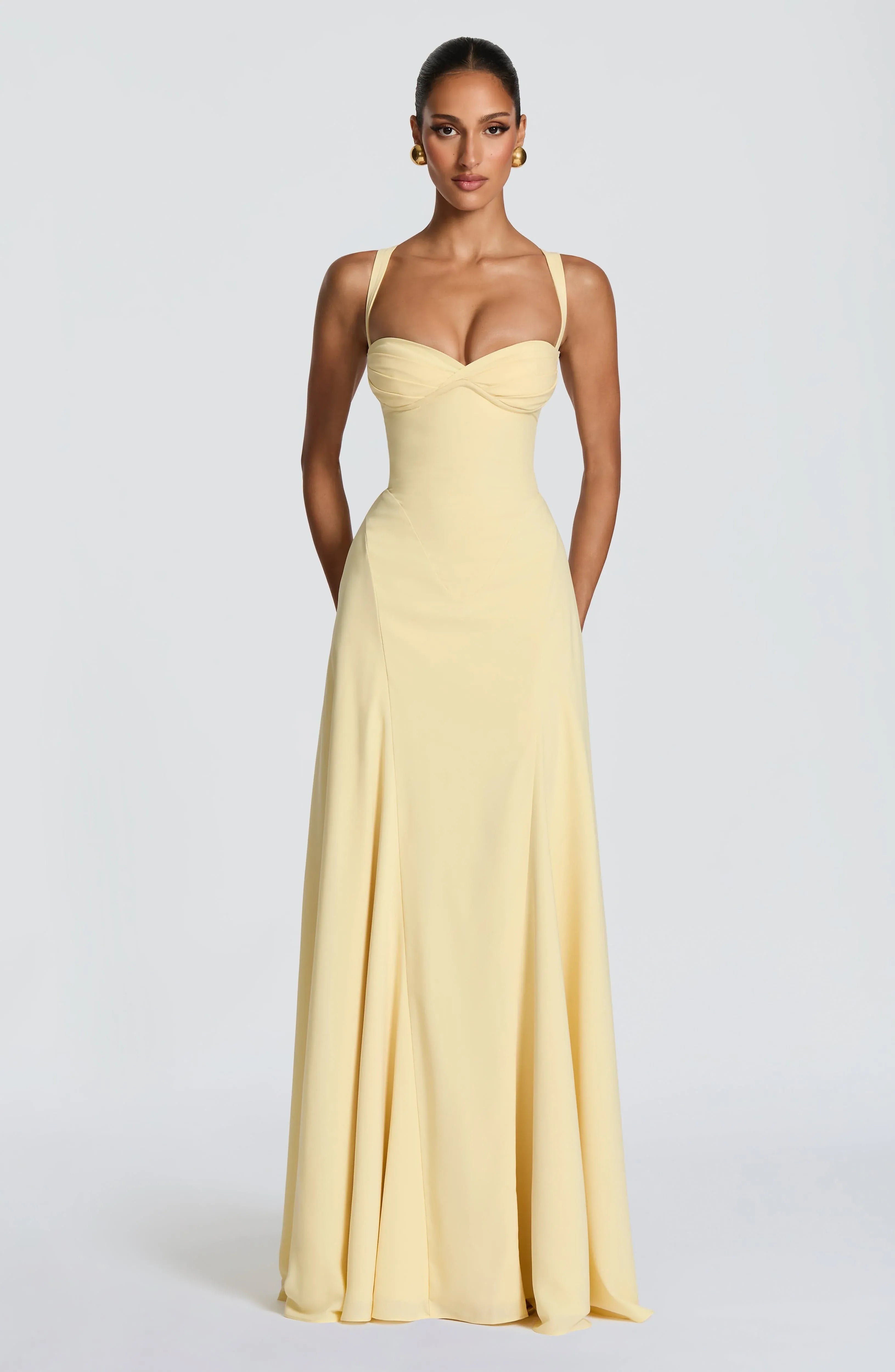 Wide Spaghetti Twist Sweetheart Criss Cross Back Lace Up Plain Slit Pale Yellow Crepe A Line Maxi Wedding Guest Dresses