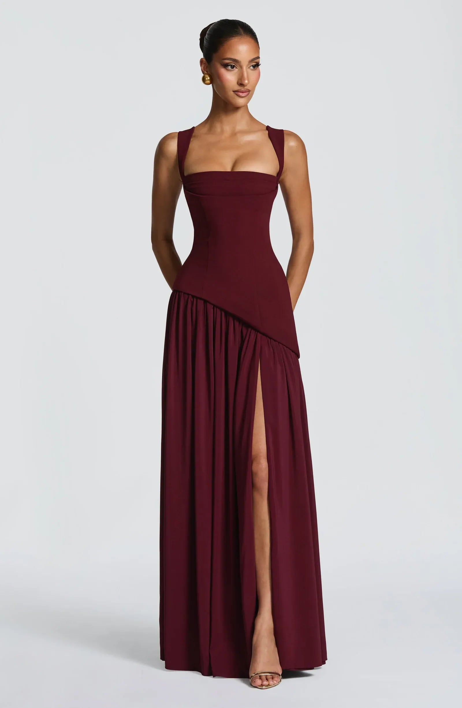 Wide Square Strap Asymmetrical Corset High Slit Burgundy Two Fabric A Line Maxi Wedding Guest Dresses
