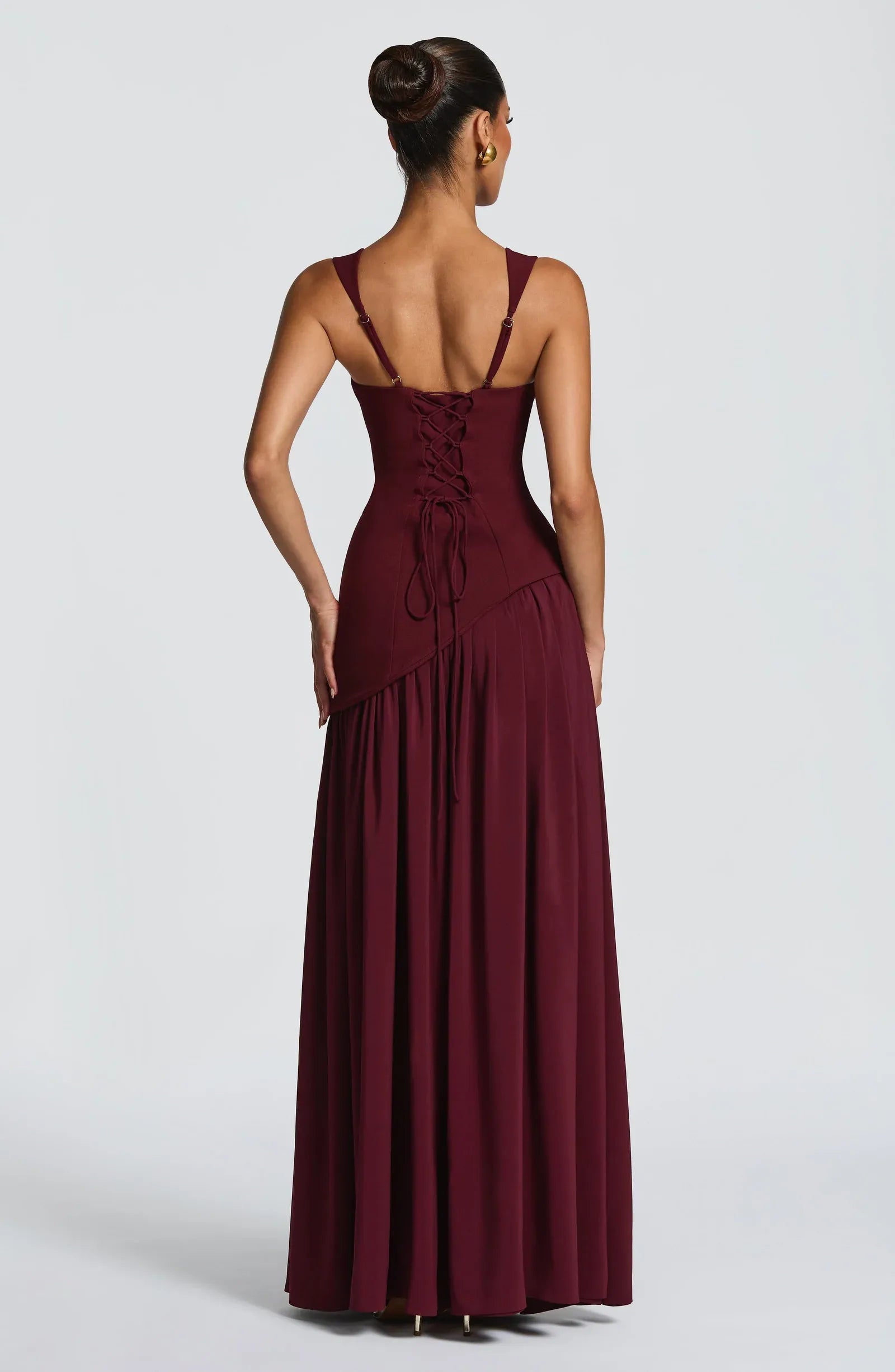 Wide Square Strap Asymmetrical Corset High Slit Burgundy Two Fabric A Line Maxi Wedding Guest Dresses