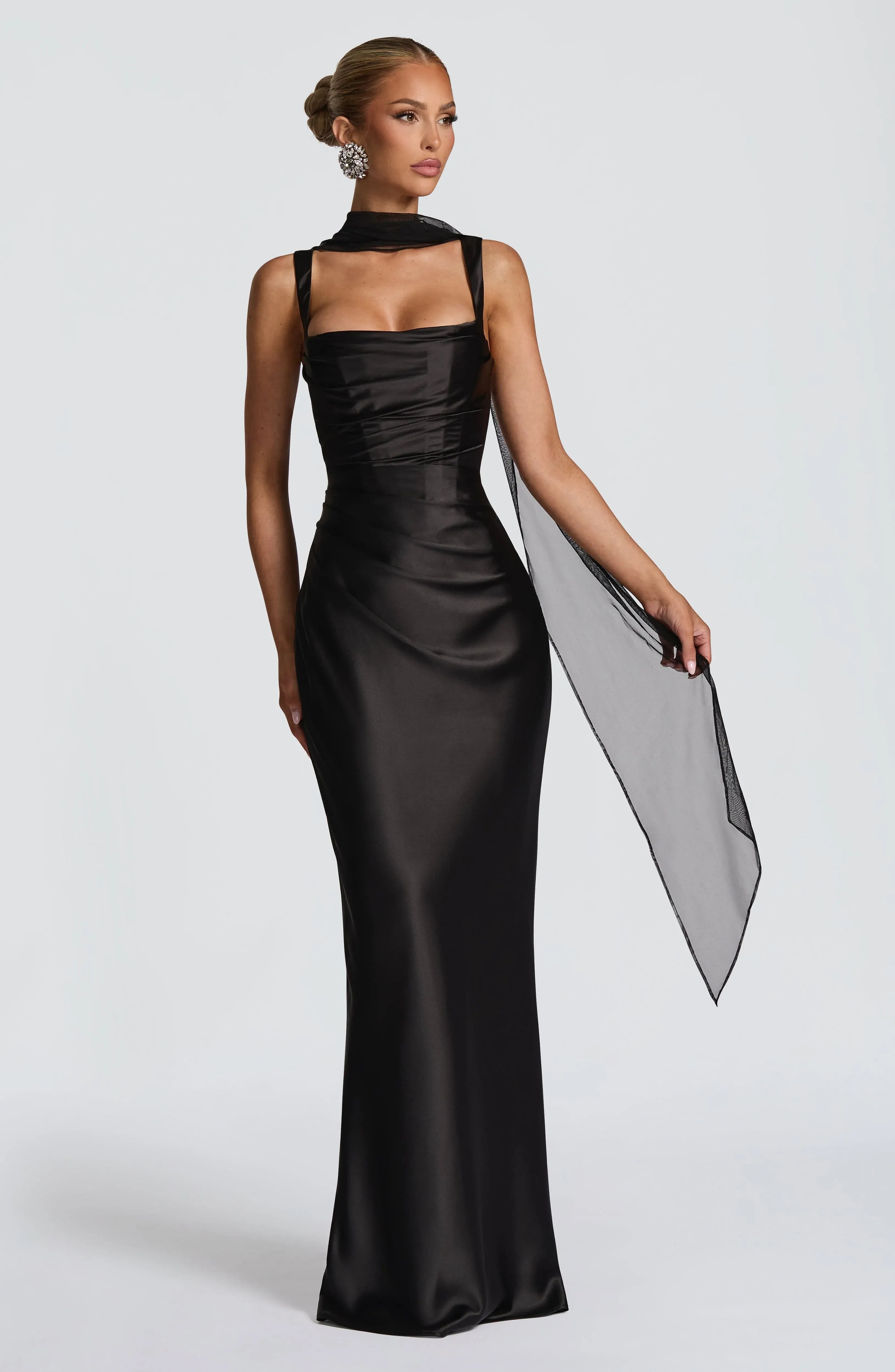 Wide Square Strap Choker Tulle Sash Side Ruched Black Satin Mermaid Maxi Wedding Guest Dresses