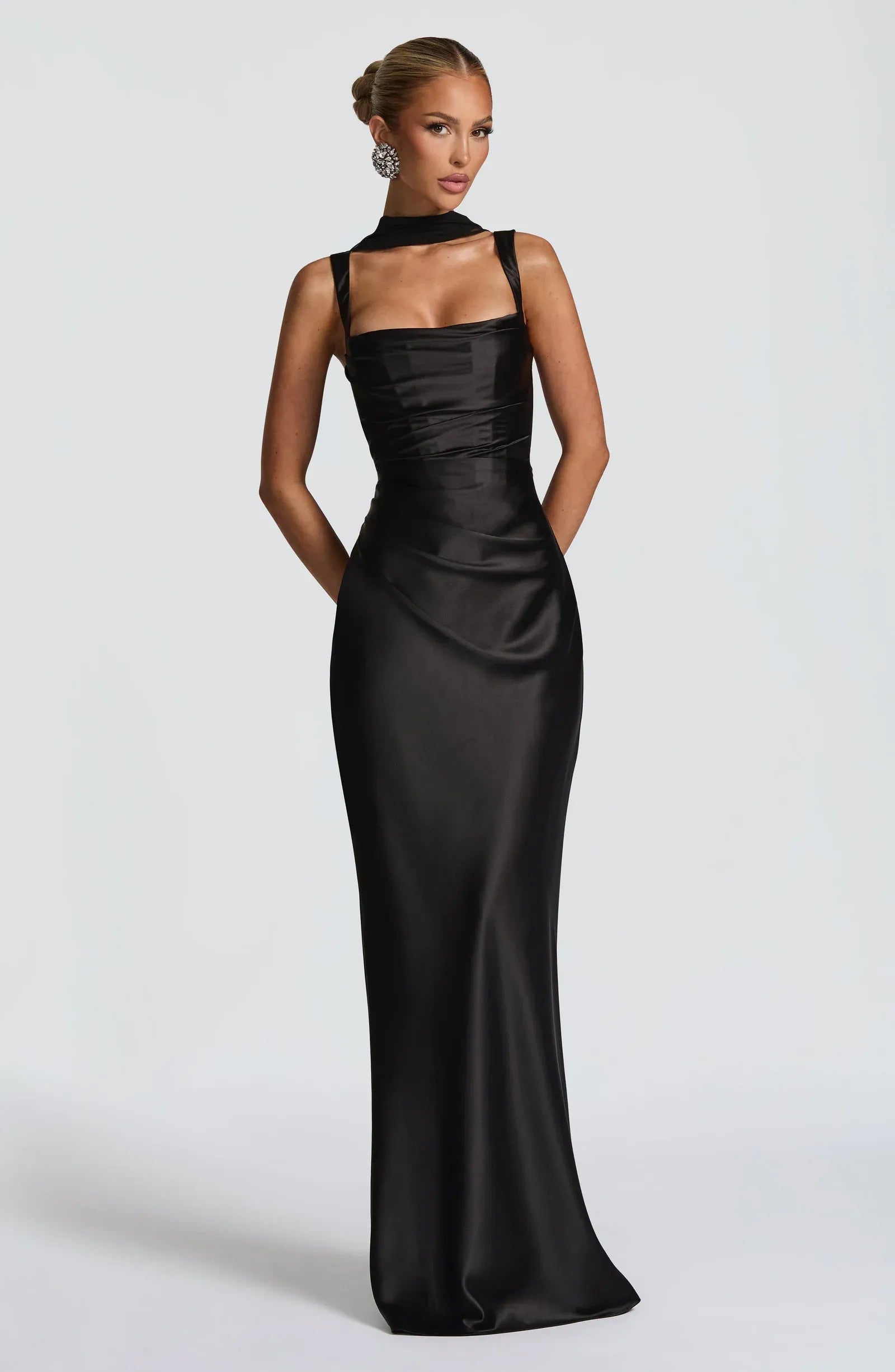 Wide Square Strap Choker Tulle Sash Side Ruched Black Satin Mermaid Maxi Wedding Guest Dresses