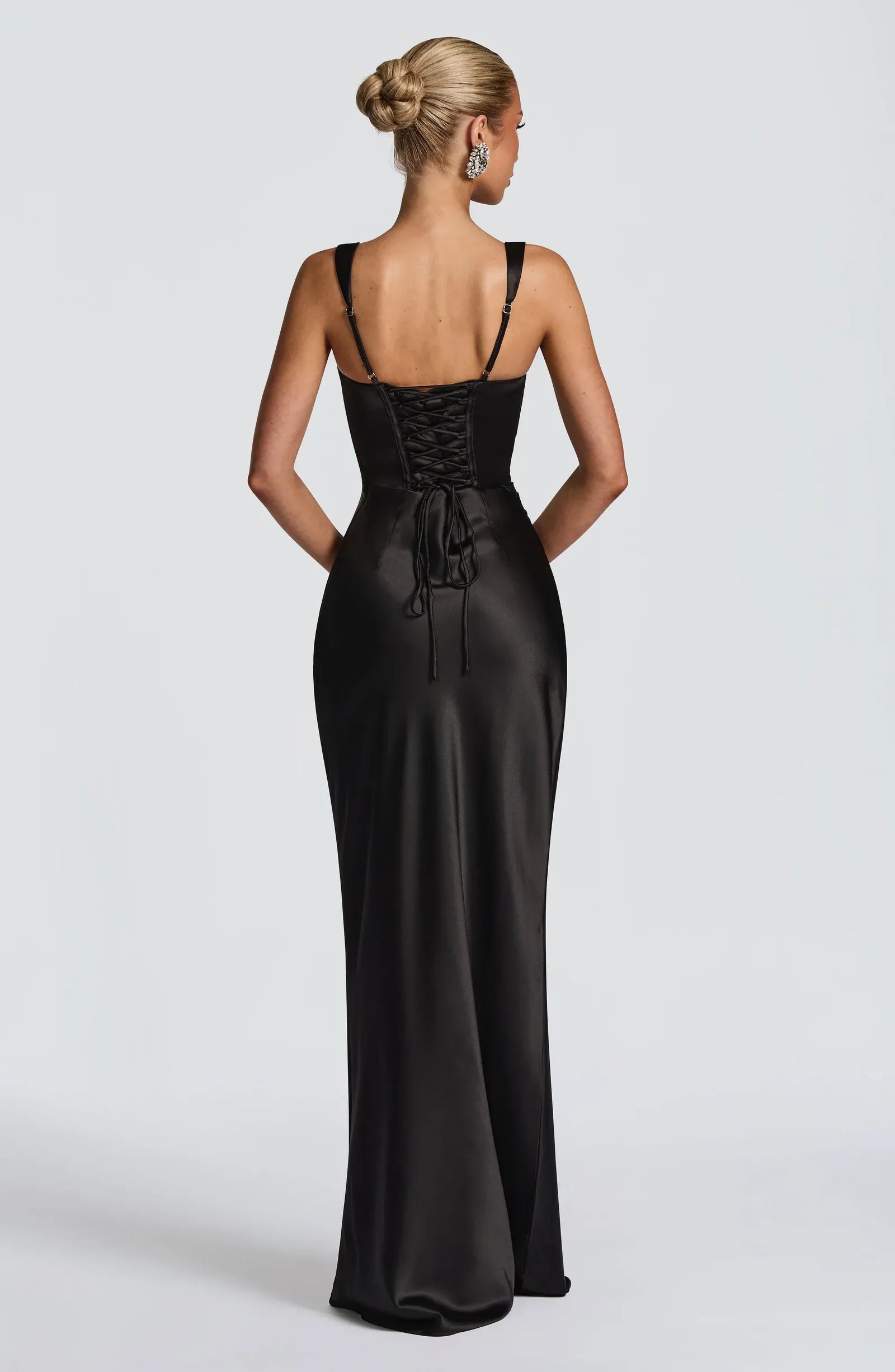 Wide Square Strap Choker Tulle Sash Side Ruched Black Satin Mermaid Maxi Wedding Guest Dresses