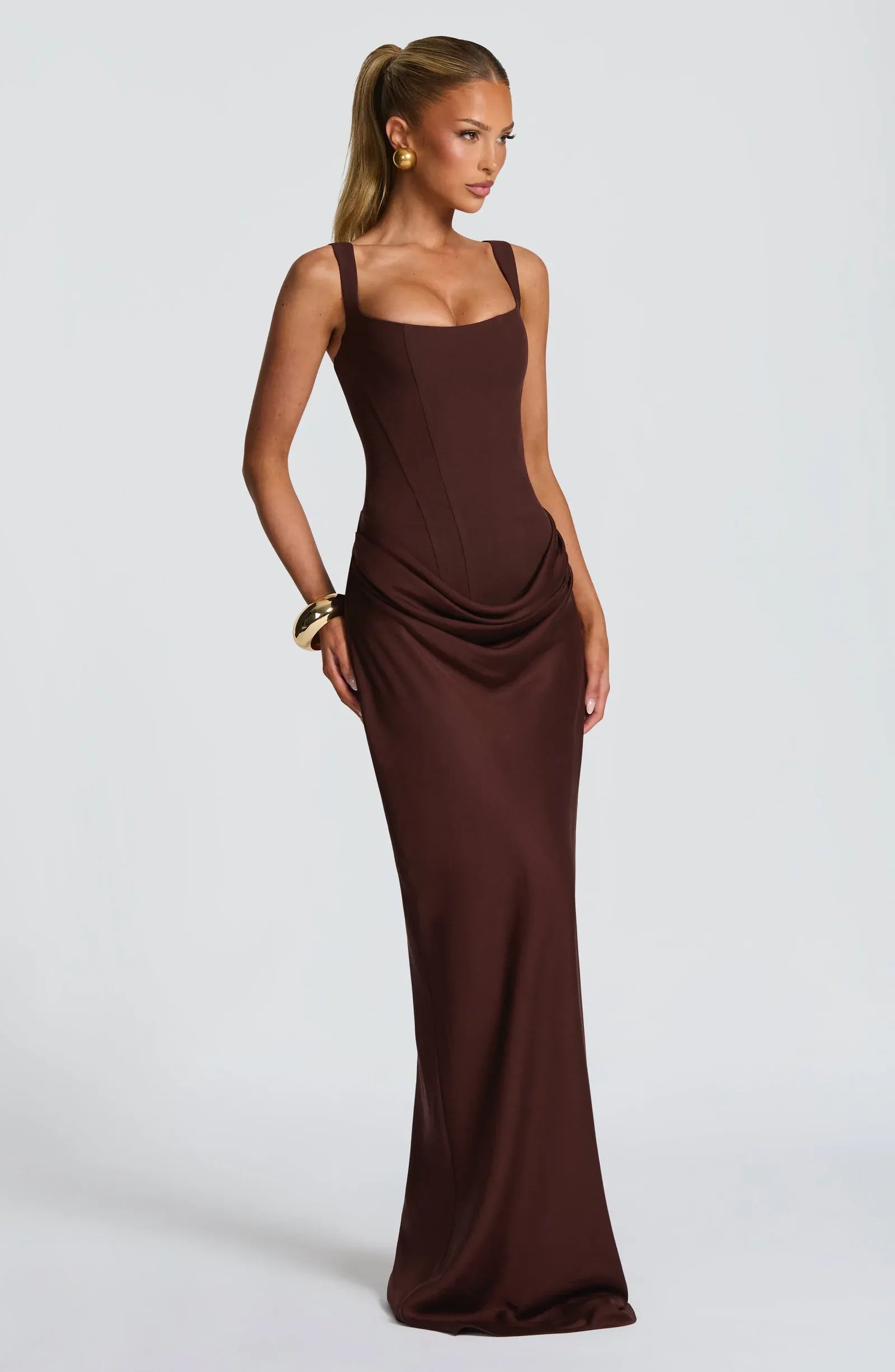 Wide Square Strap Corset Waist Draped Satin Mermaid Maxi Wedding Guest Dresses
