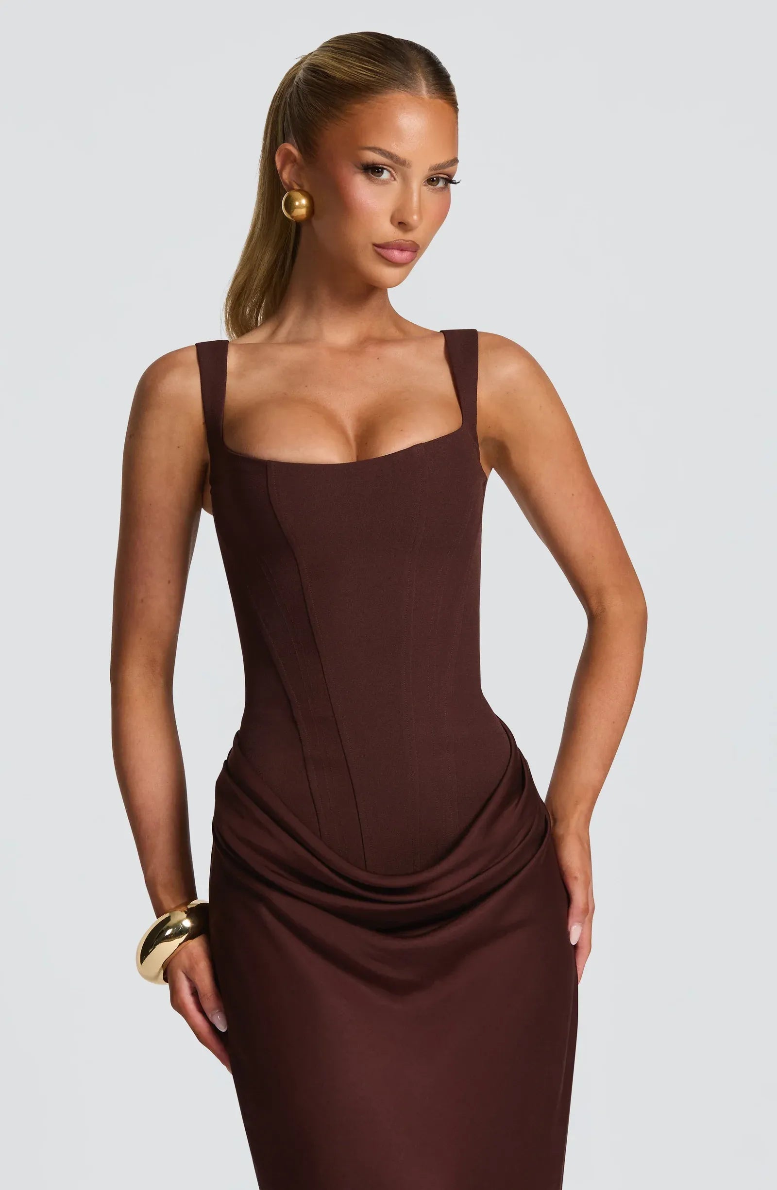 Wide Square Strap Corset Waist Draped Satin Mermaid Maxi Wedding Guest Dresses
