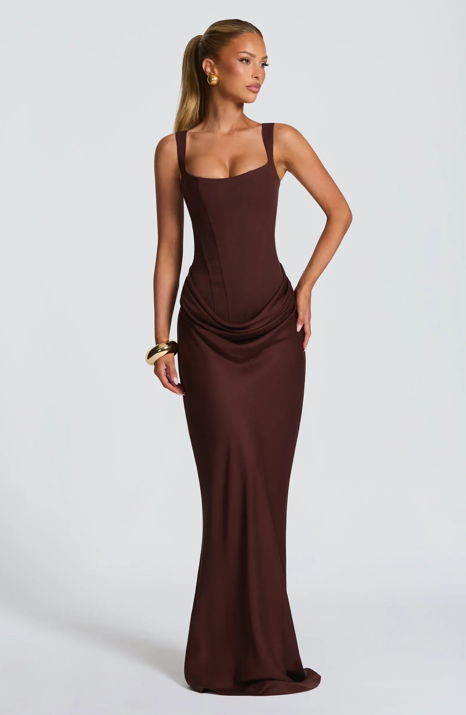 Wide Square Strap Corset Waist Draped Satin Mermaid Maxi Wedding Guest Dresses