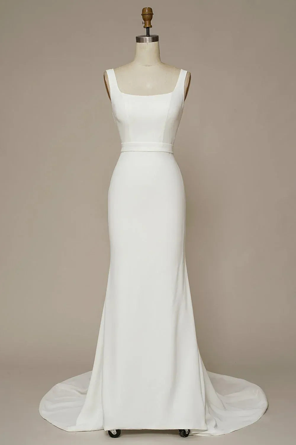 Wide Square Strap Deep V Back Button Detail Matte Crepe Mermaid Wedding Dress With Train