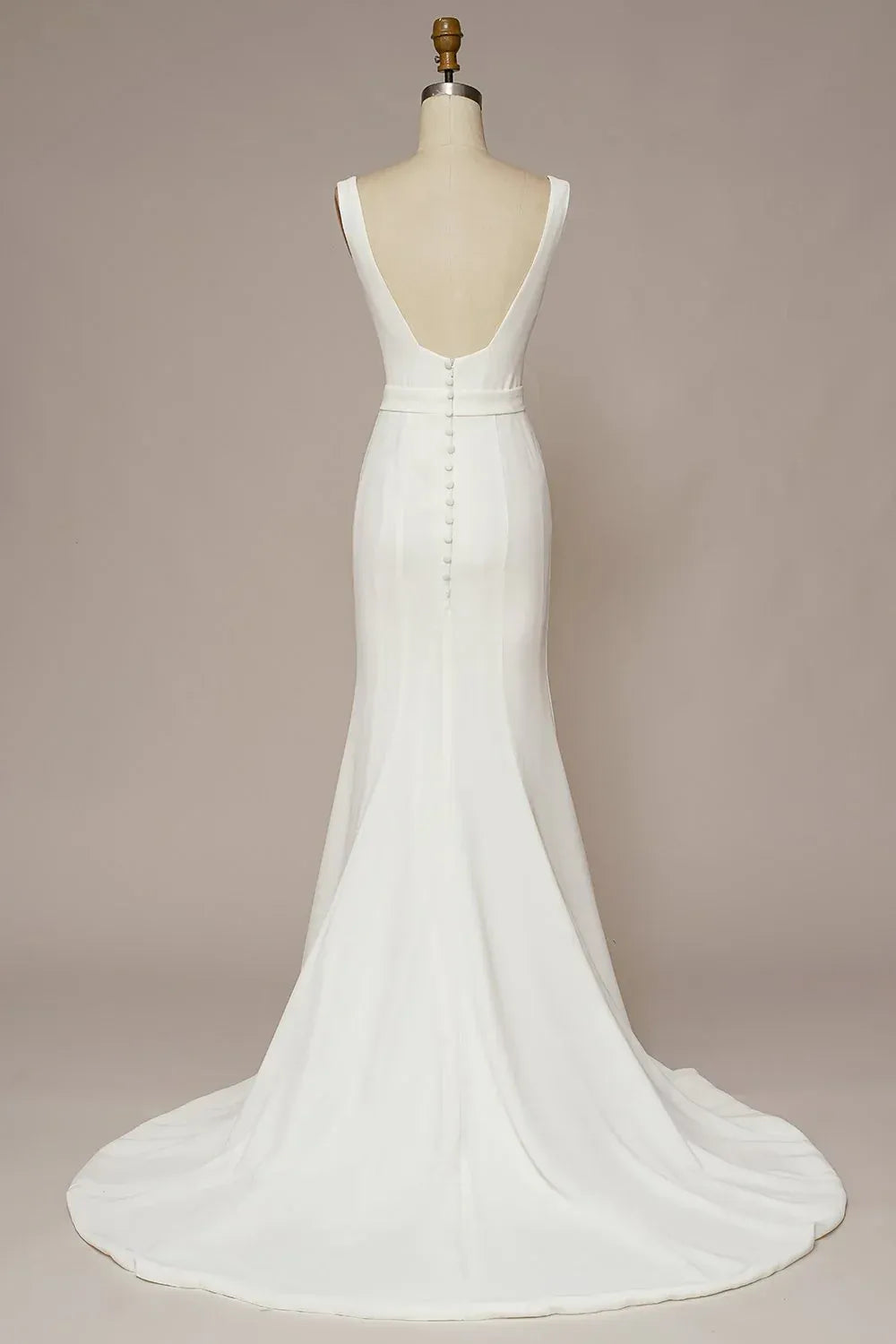 Wide Square Strap Deep V Back Button Detail Matte Crepe Mermaid Wedding Dress With Train