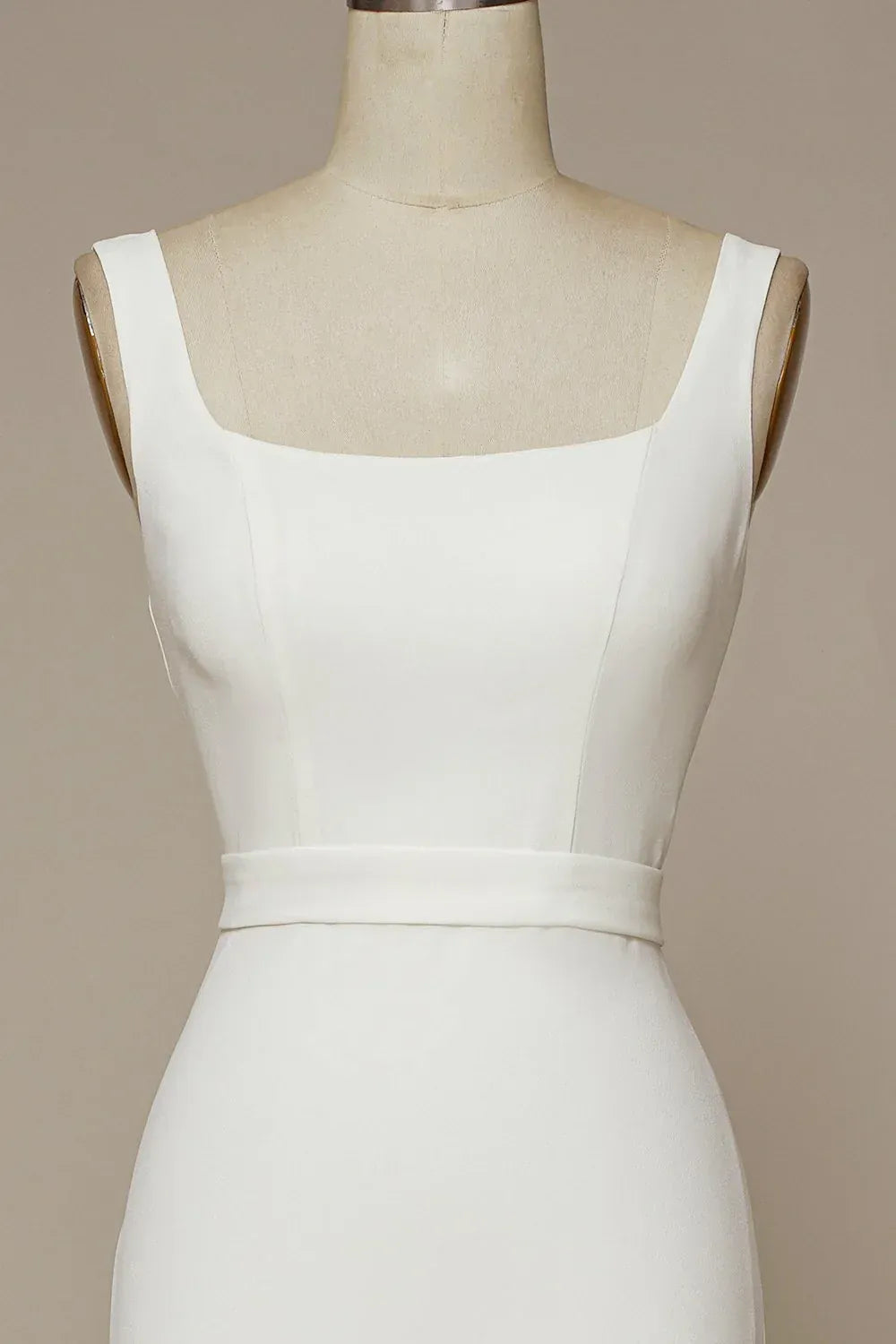 Wide Square Strap Deep V Back Button Detail Matte Crepe Mermaid Wedding Dress With Train