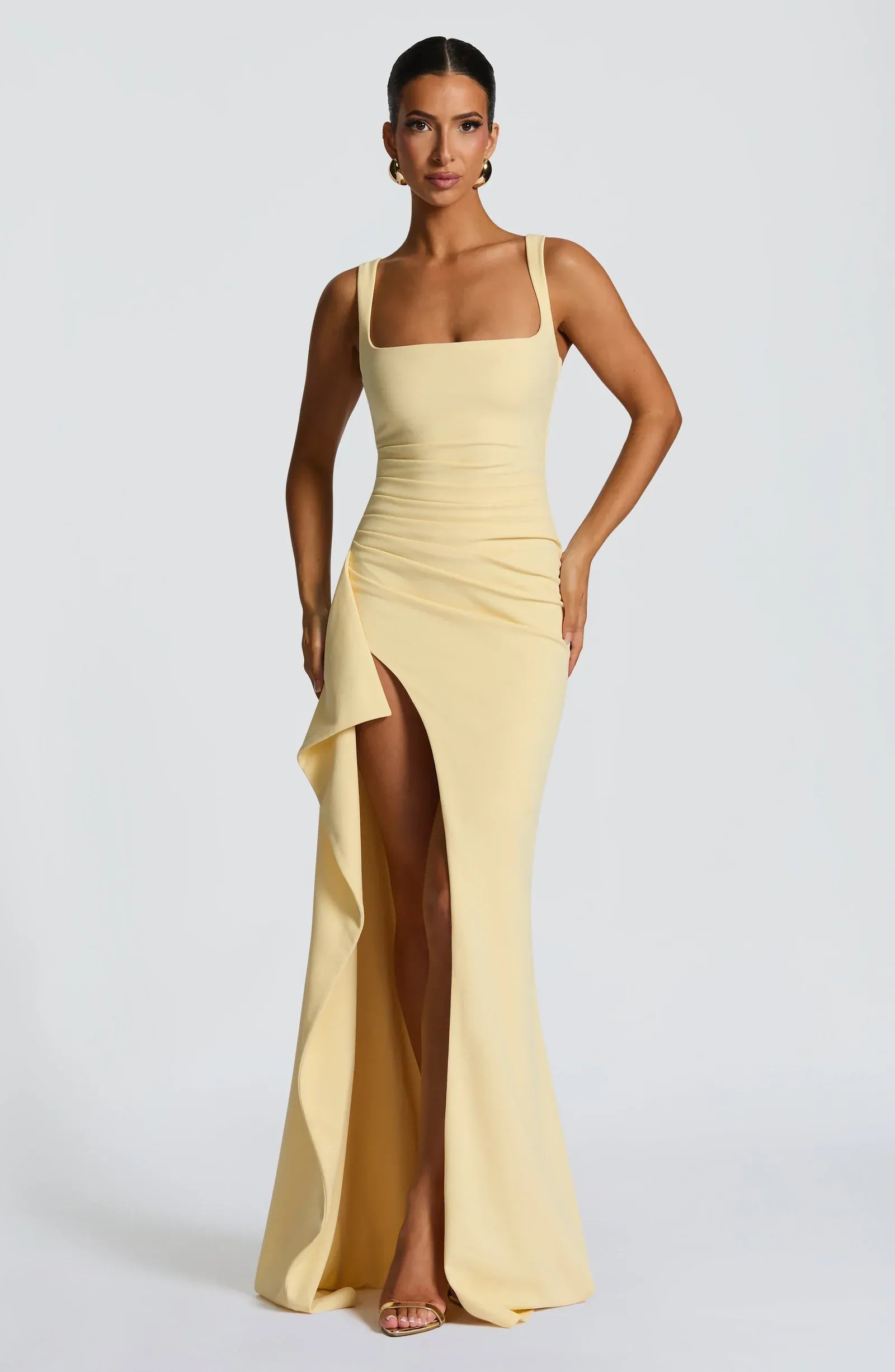 Wide Square Strap Side Ruched High Slit Ruffle Pale Yellow Mermaid Maxi Wedding Guest Dresses