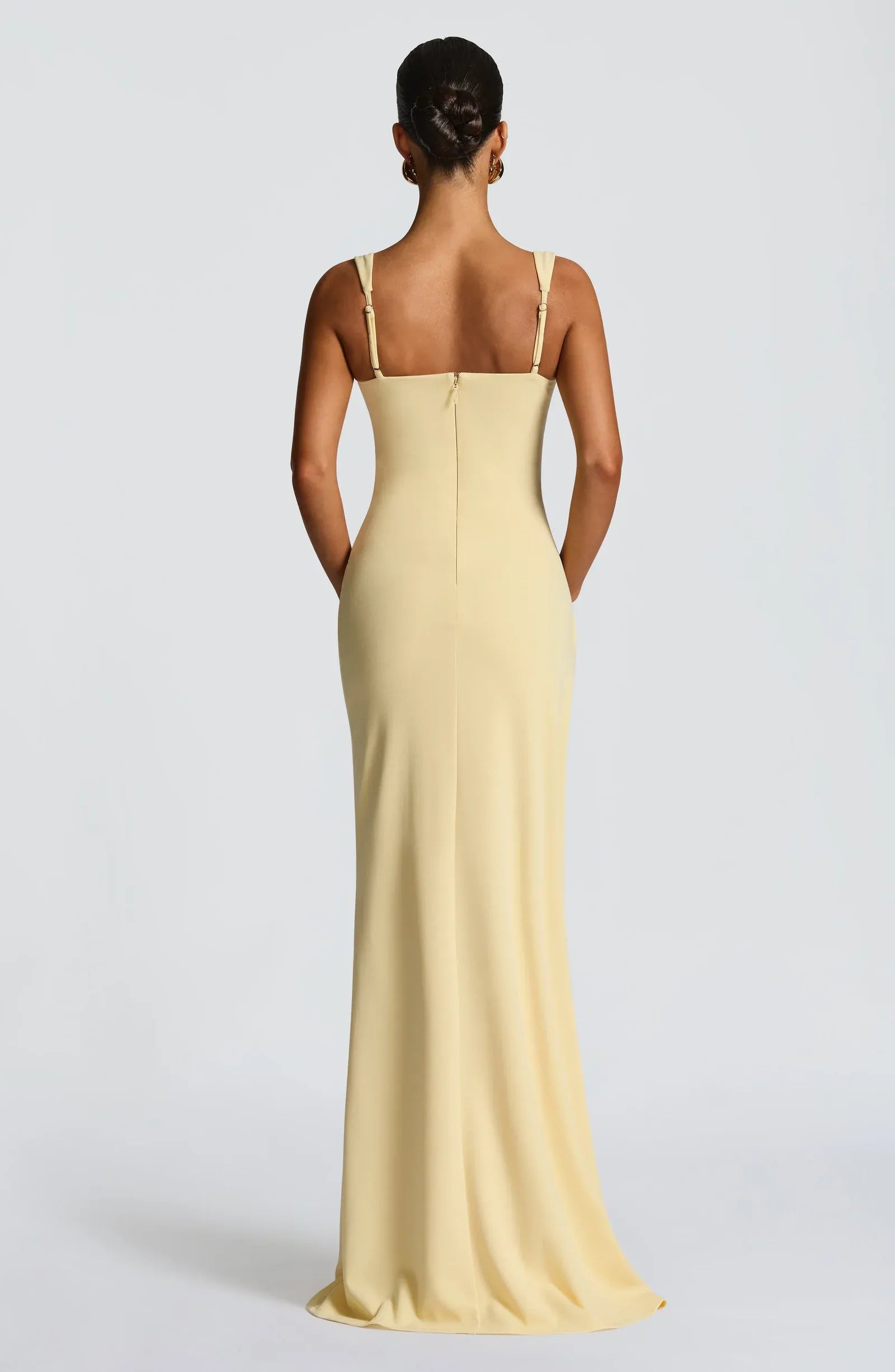 Wide Square Strap Side Ruched High Slit Ruffle Pale Yellow Mermaid Maxi Wedding Guest Dresses