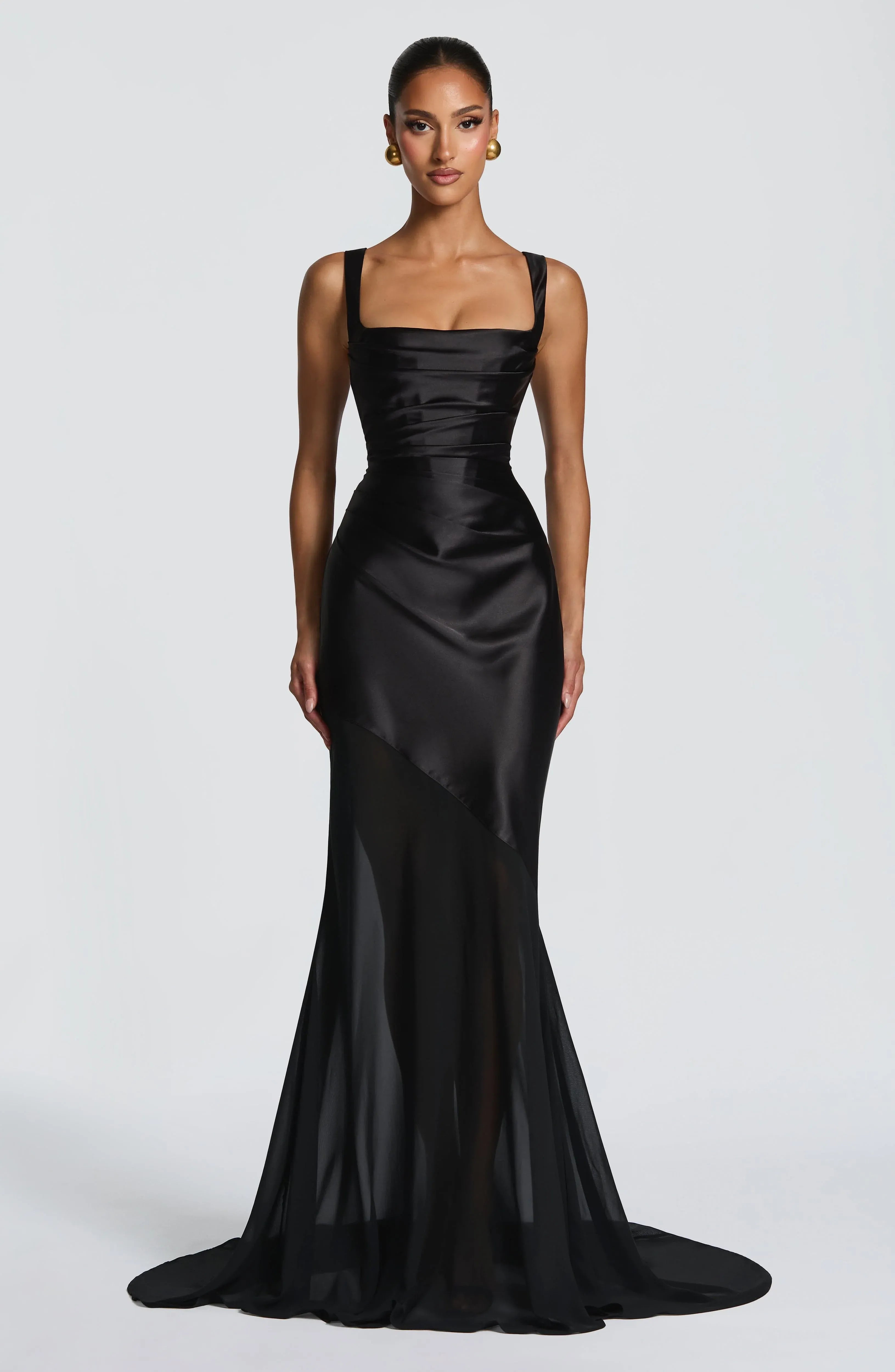 Wide Square Strap Side Ruched Two-Tier Chiffon Satin Mermaid Train Black Wedding Guest Dresses