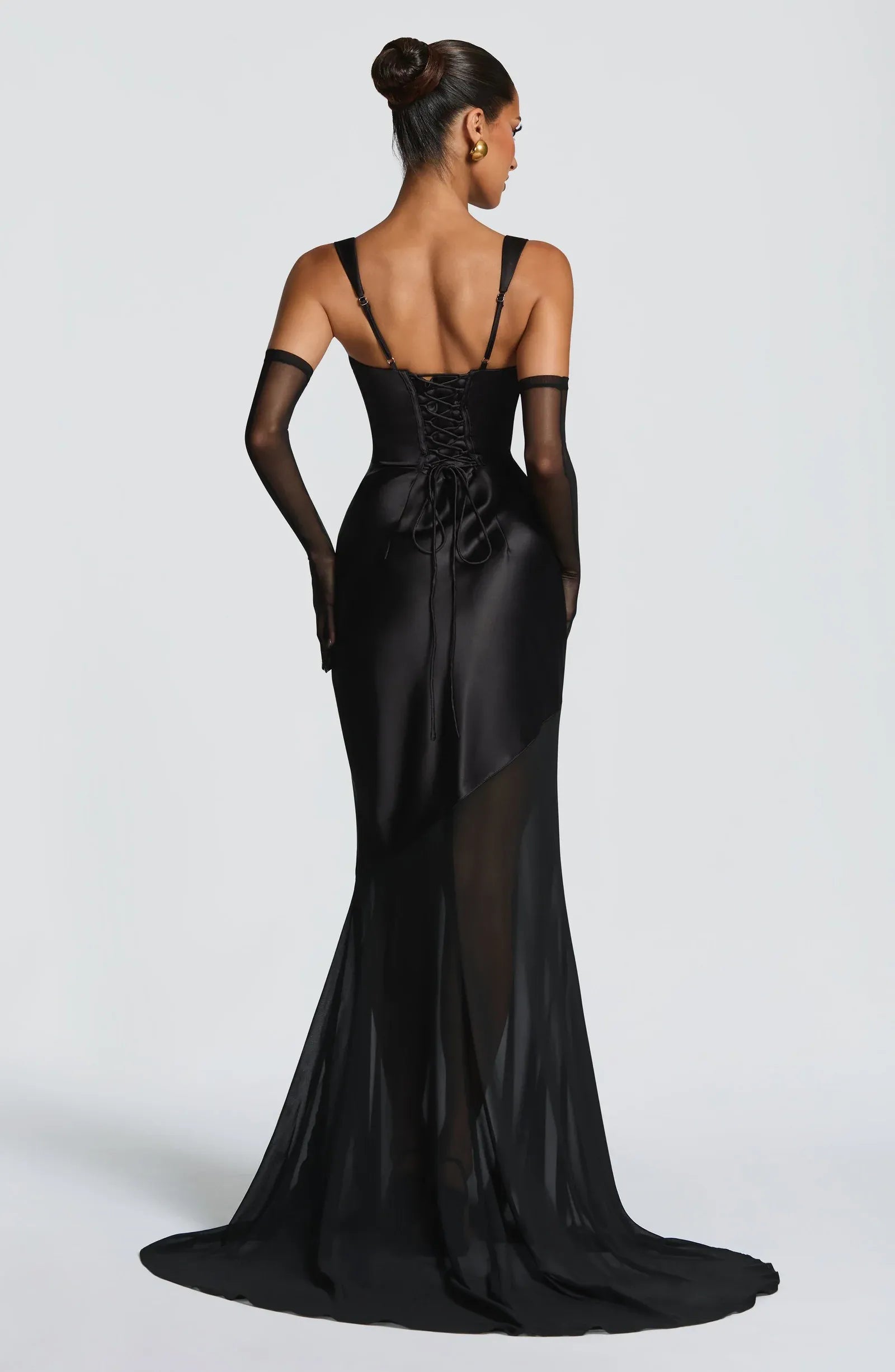 Wide Square Strap Side Ruched Two-Tier Chiffon Satin Mermaid Train Black Wedding Guest Dresses