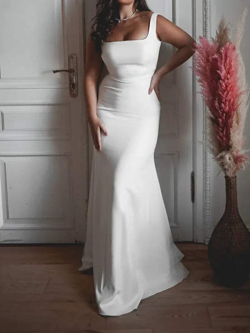 Wide Square Thick Strap Convertible Off Shoulder Matte Satin Mermaid Wedding Dress