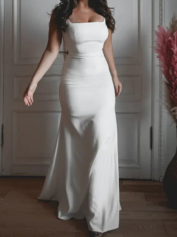 Wide Square Thick Strap Convertible Off Shoulder Matte Satin Mermaid Wedding Dress