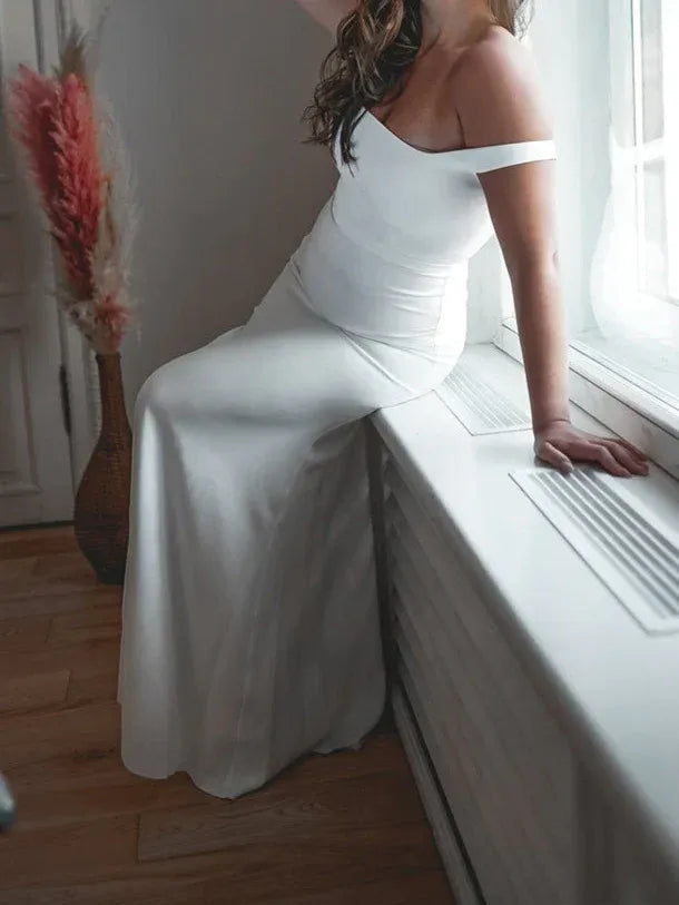 Wide Square Thick Strap Convertible Off Shoulder Matte Satin Mermaid Wedding Dress