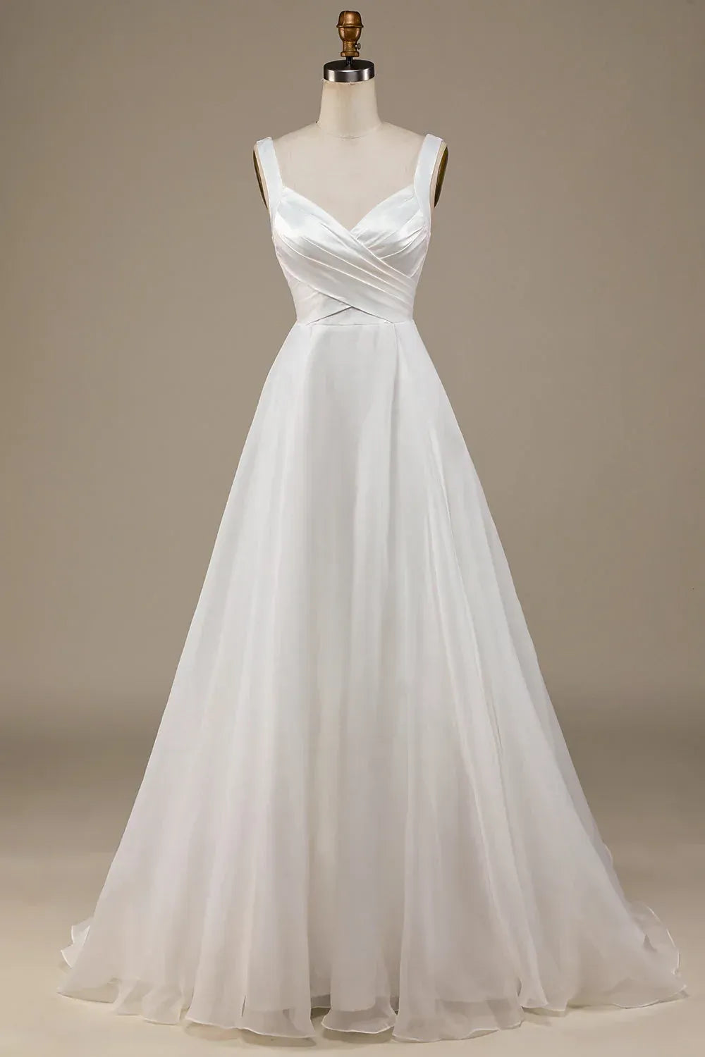 Wide Strap Cross Wrap Satin Bodice Chiffon A-Line Wedding Dress With Scoop Back Train