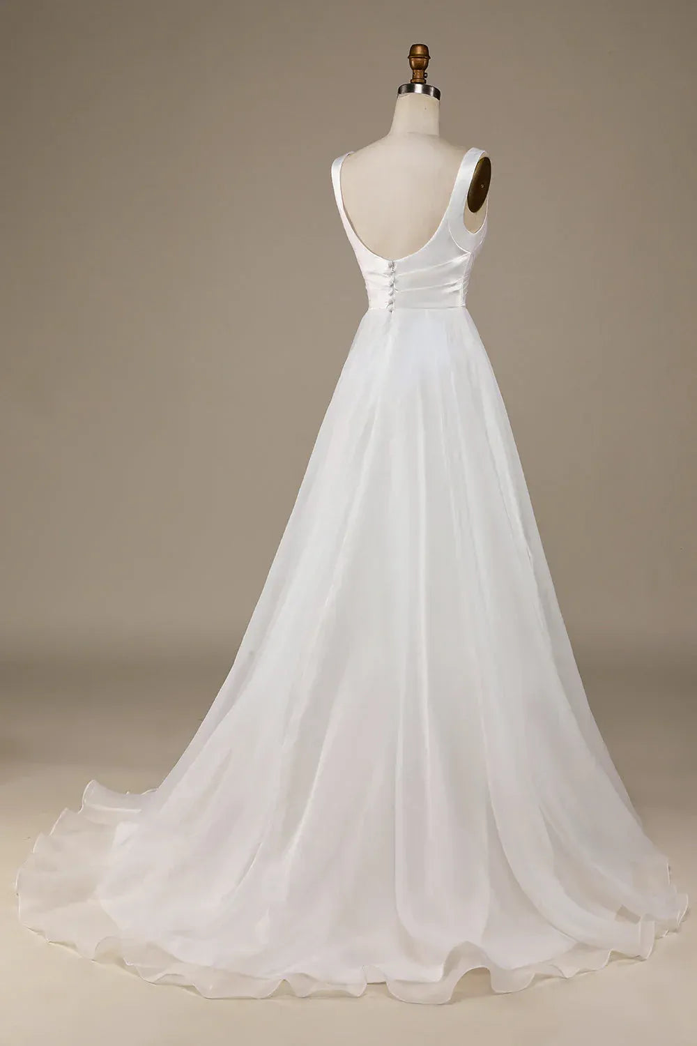 Wide Strap Cross Wrap Satin Bodice Chiffon A-Line Wedding Dress With Scoop Back Train