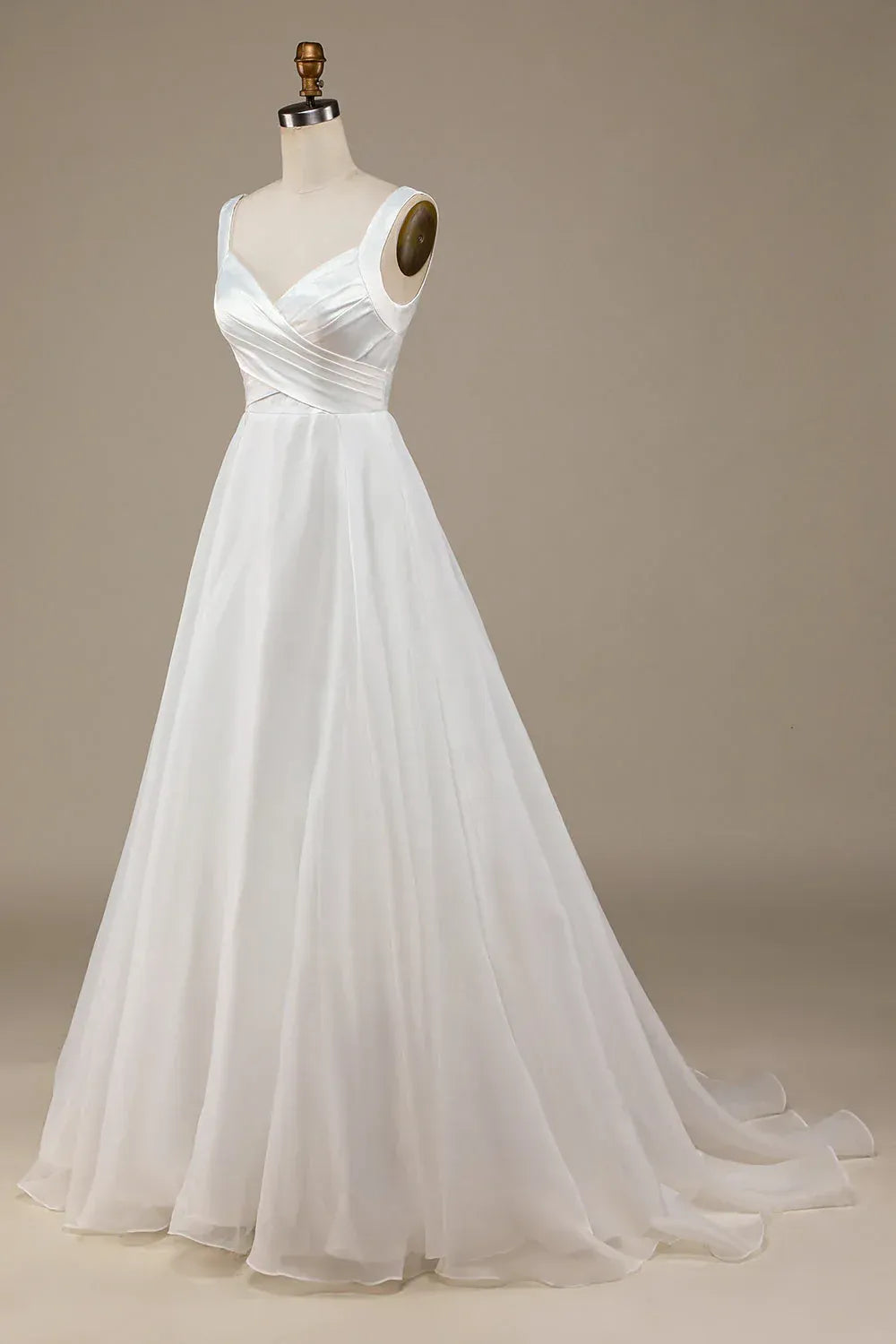 Wide Strap Cross Wrap Satin Bodice Chiffon A-Line Wedding Dress With Scoop Back Train