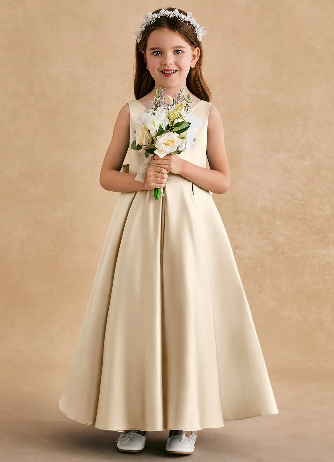 Wide Strap Scoop Neck Champagne Satin Full-Length Flower Girl Dresses with Back Oversized Bow