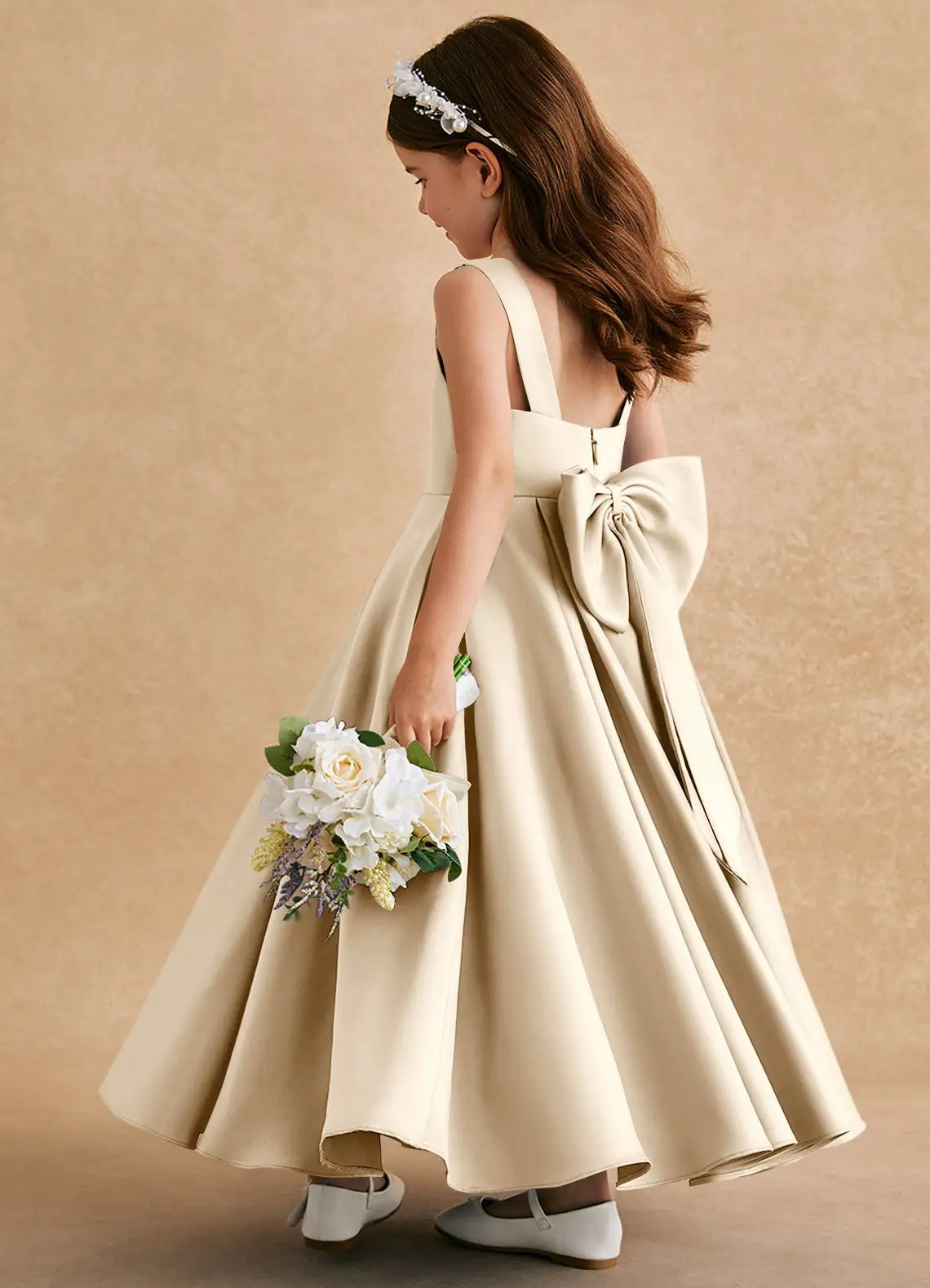 Wide Strap Scoop Neck Champagne Satin Full-Length Flower Girl Dresses with Back Oversized Bow