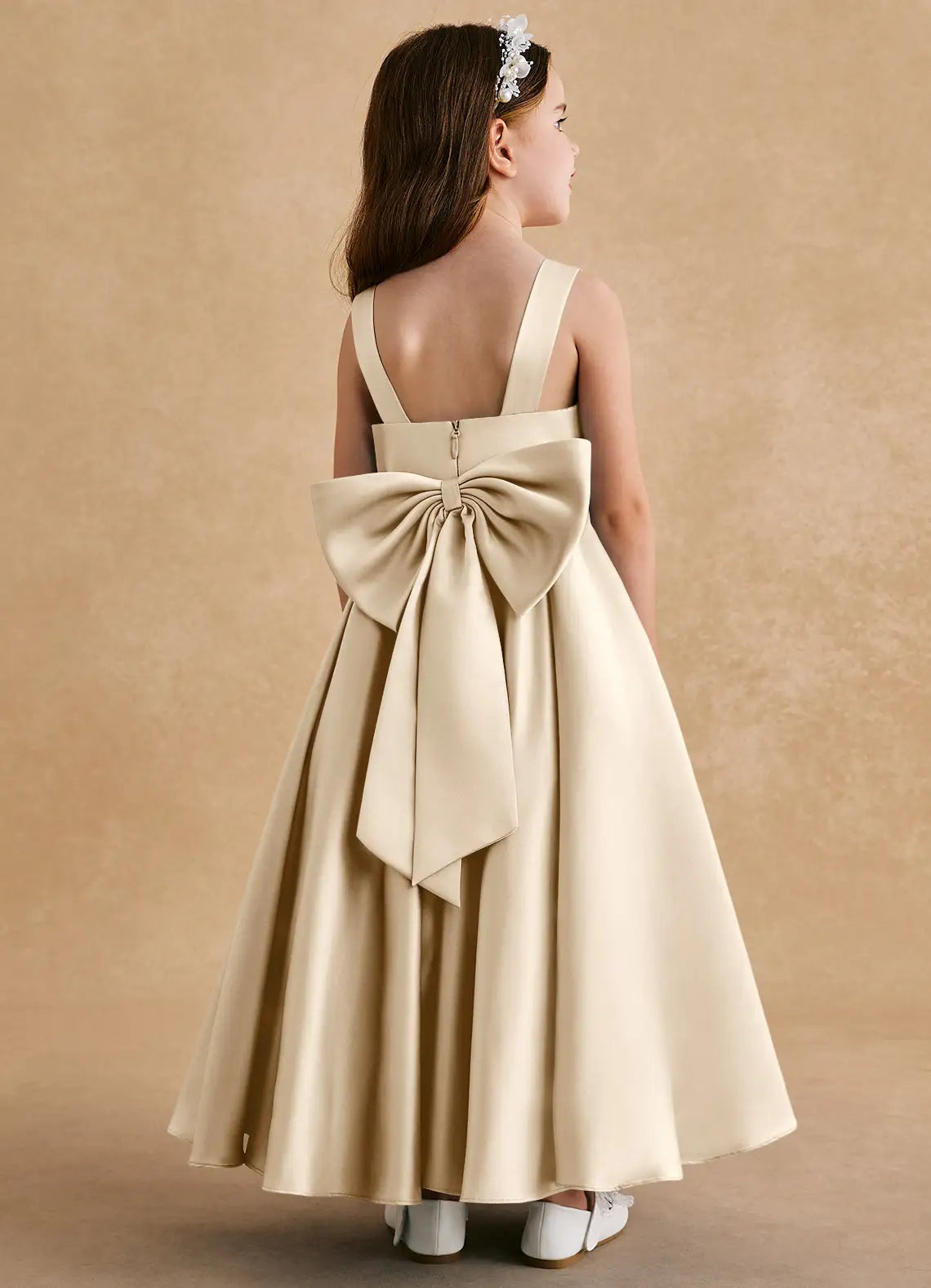 Wide Strap Scoop Neck Champagne Satin Full-Length Flower Girl Dresses with Back Oversized Bow