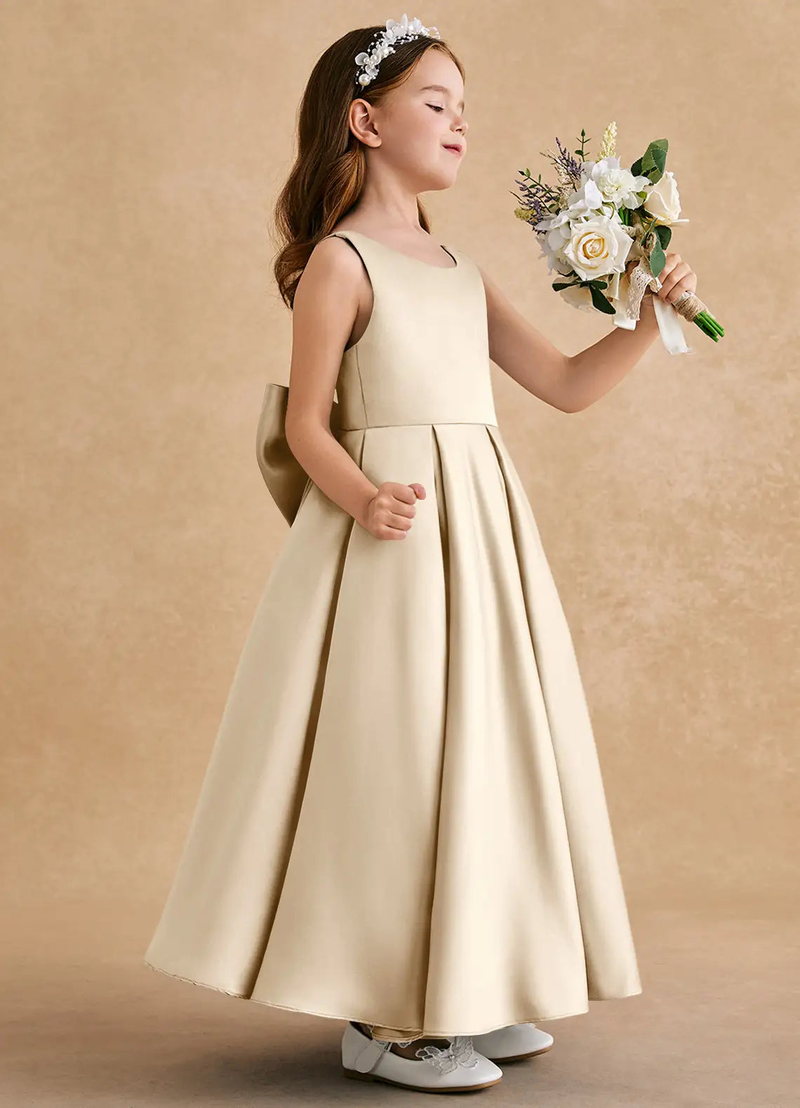 Wide Strap Scoop Neck Champagne Satin Full-Length Flower Girl Dresses with Back Oversized Bow