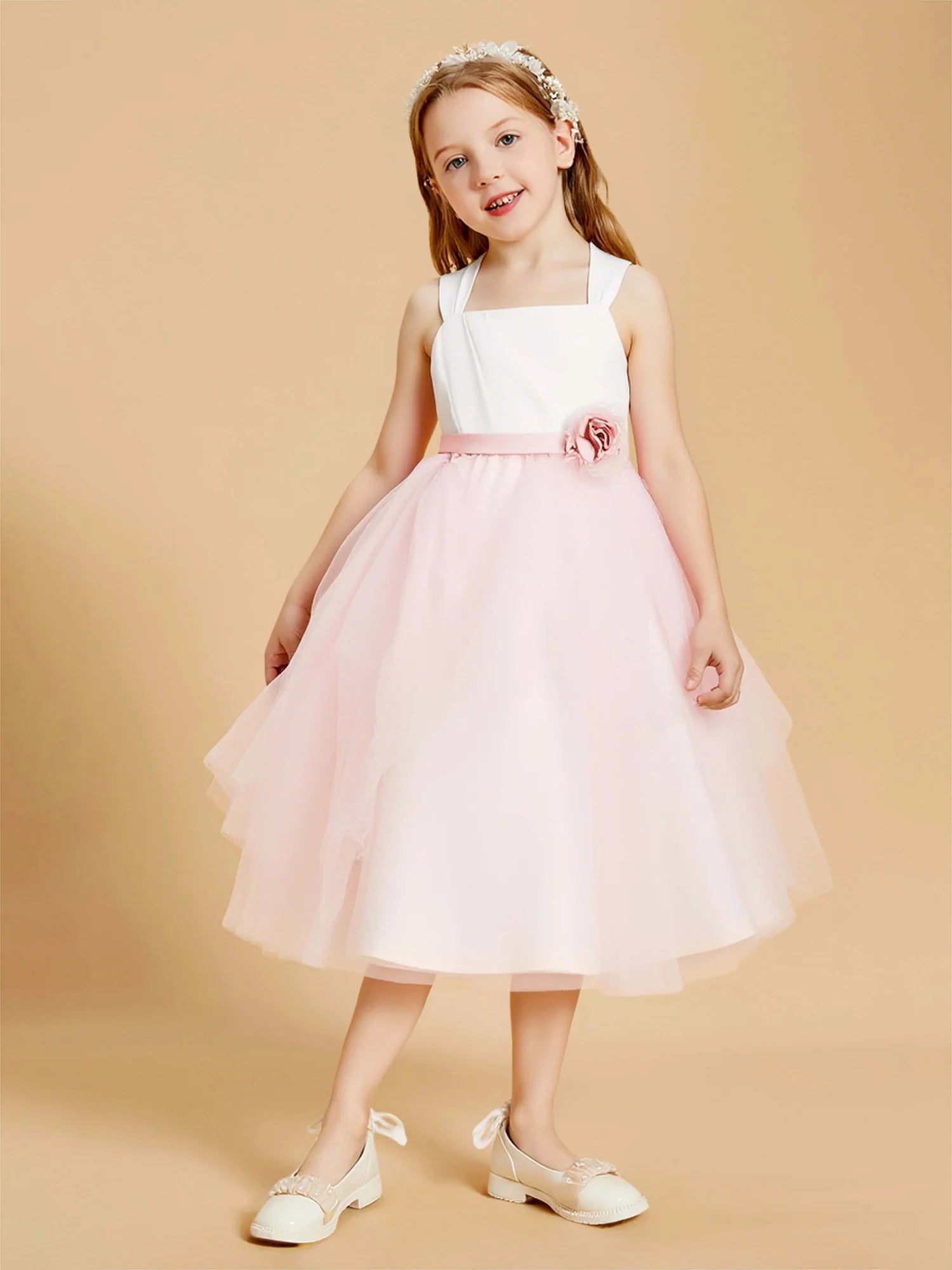 Wide Strap Square Back Bow Pink Tulle Knee Length Flower Girl Dresses With Side Rose