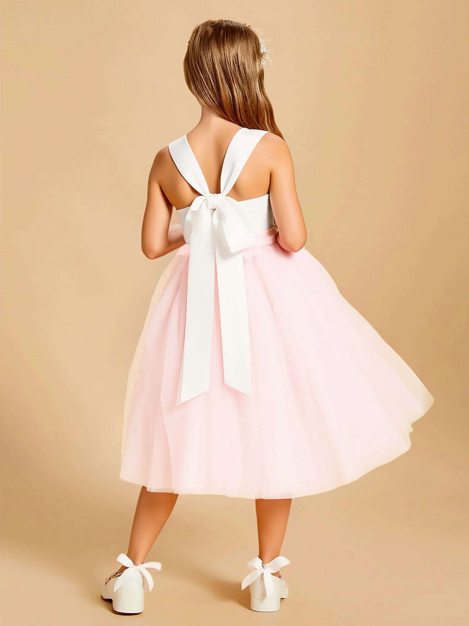 Wide Strap Square Back Bow Pink Tulle Knee Length Flower Girl Dresses With Side Rose
