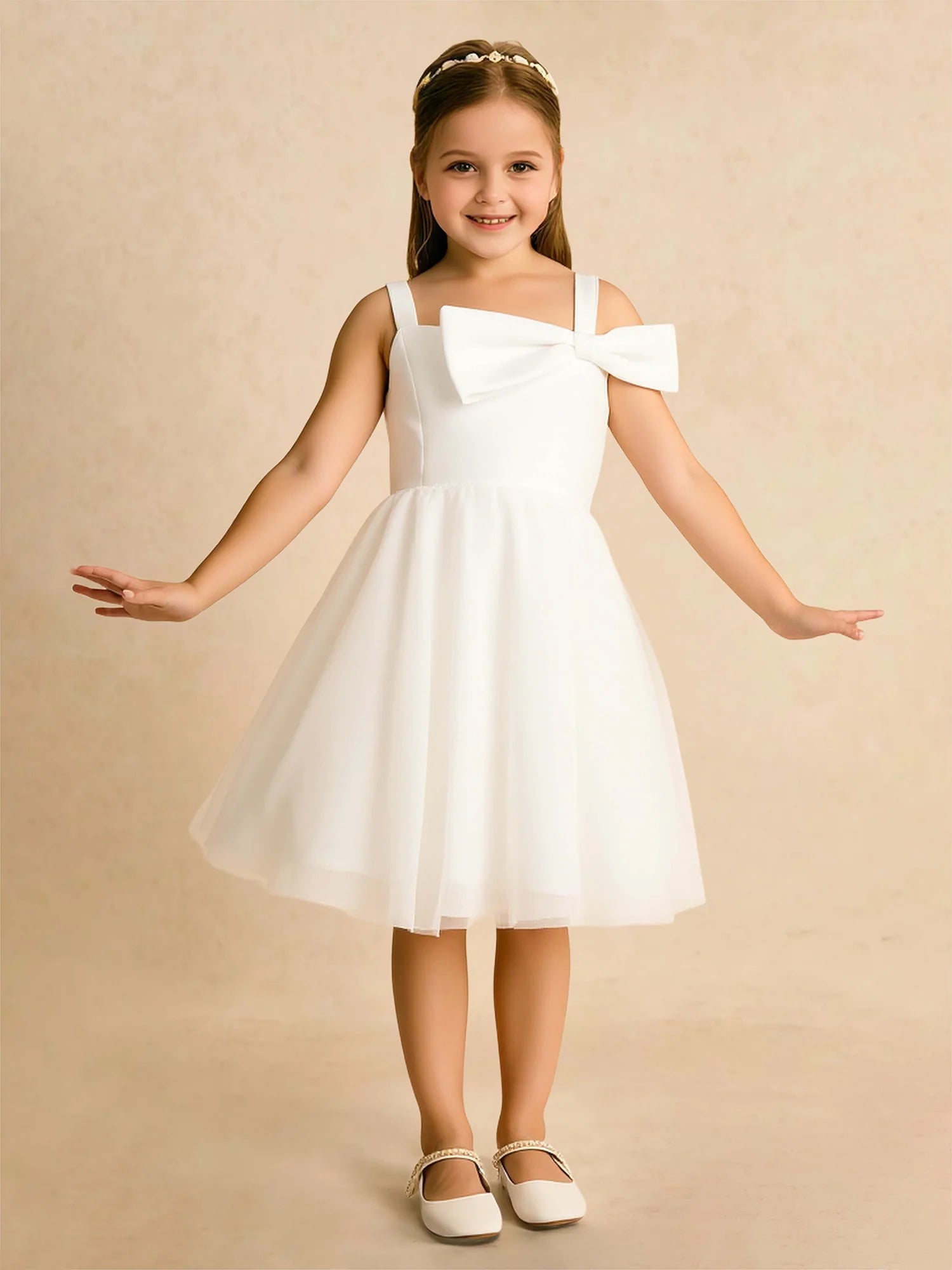 Wide Strap Square Front Giant Bow White Tulle Short Flower Girl Dresses